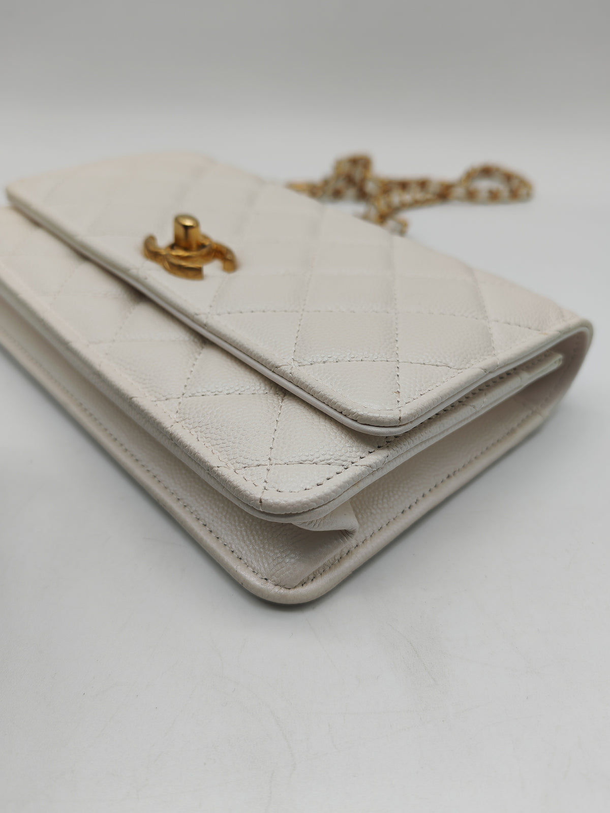 Chanel Turning Lock Wallet on Chain (WOC) in White Iridescent Caviar Leather Aged Gold Hardware (Microchip) | Purse Maison Luxury Bags Shop