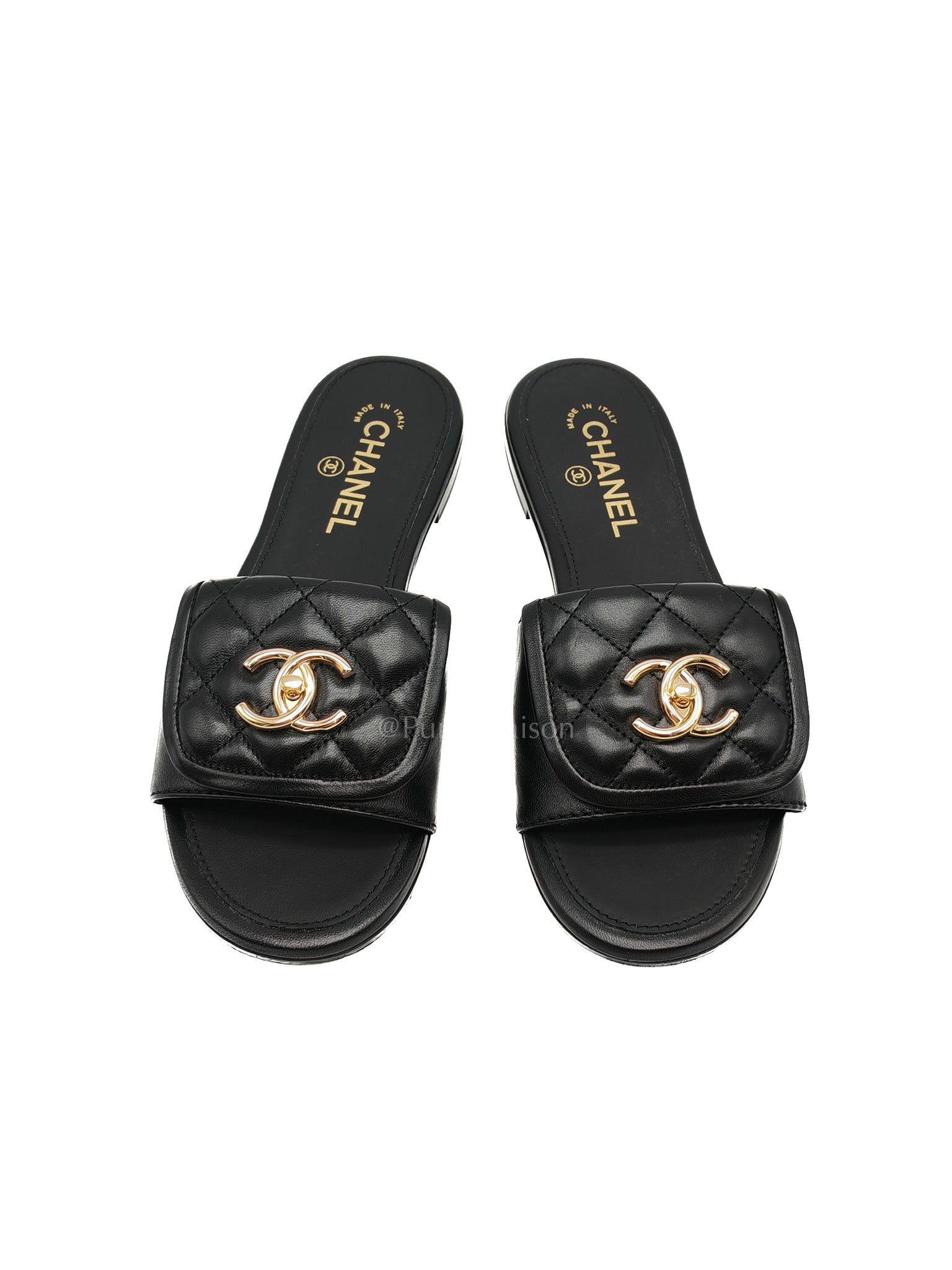 Chanel Turnlock Flat Mule Sandals in Black Quilted Lambskin Leather Size 37.5 EU(24cm) | Purse Maison Luxury Bags Shop