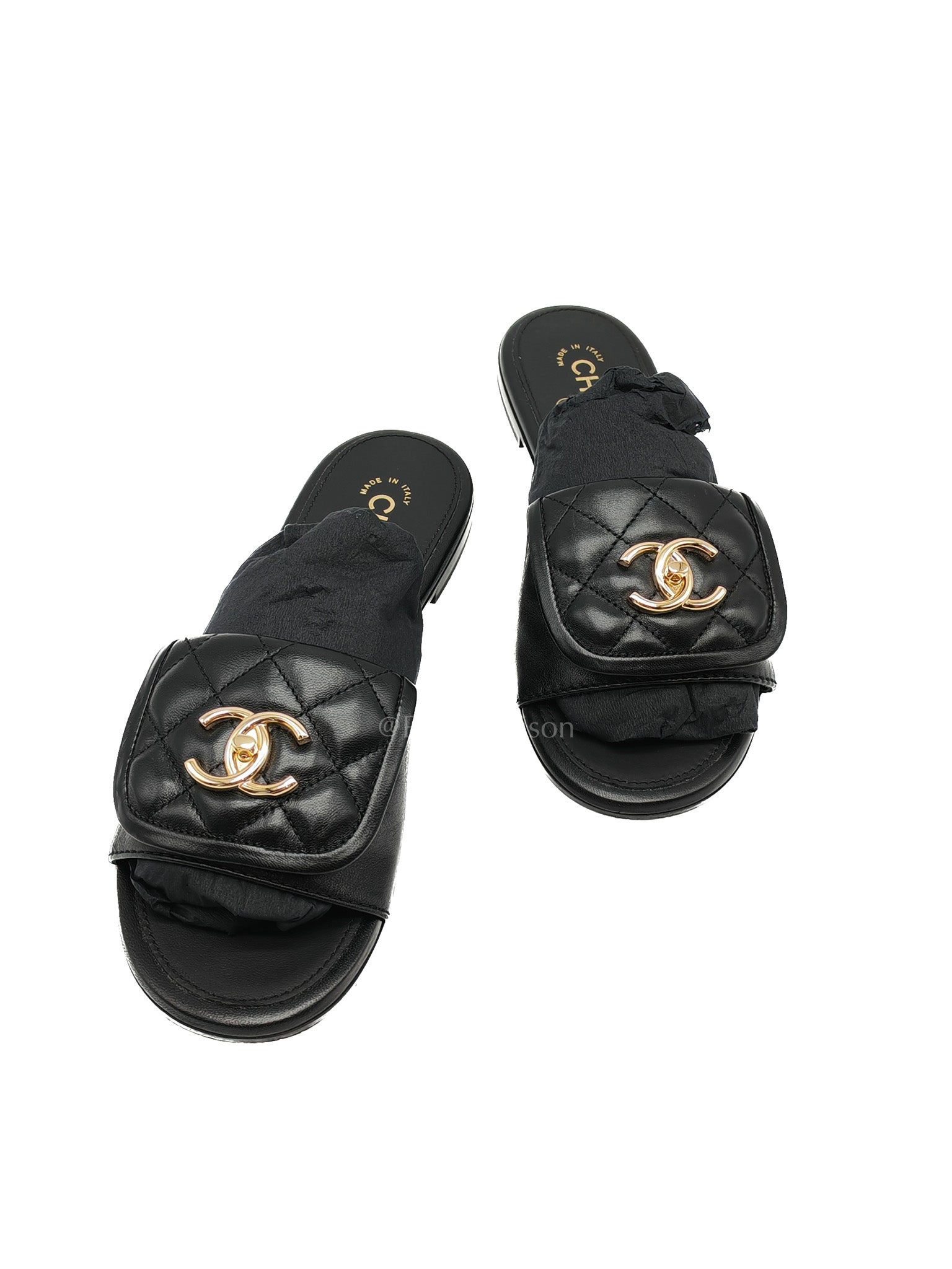Chanel Turnlock Flat Mule Sandals in Black Quilted Lambskin Leather Size 37.5 EU(24cm) | Purse Maison Luxury Bags Shop