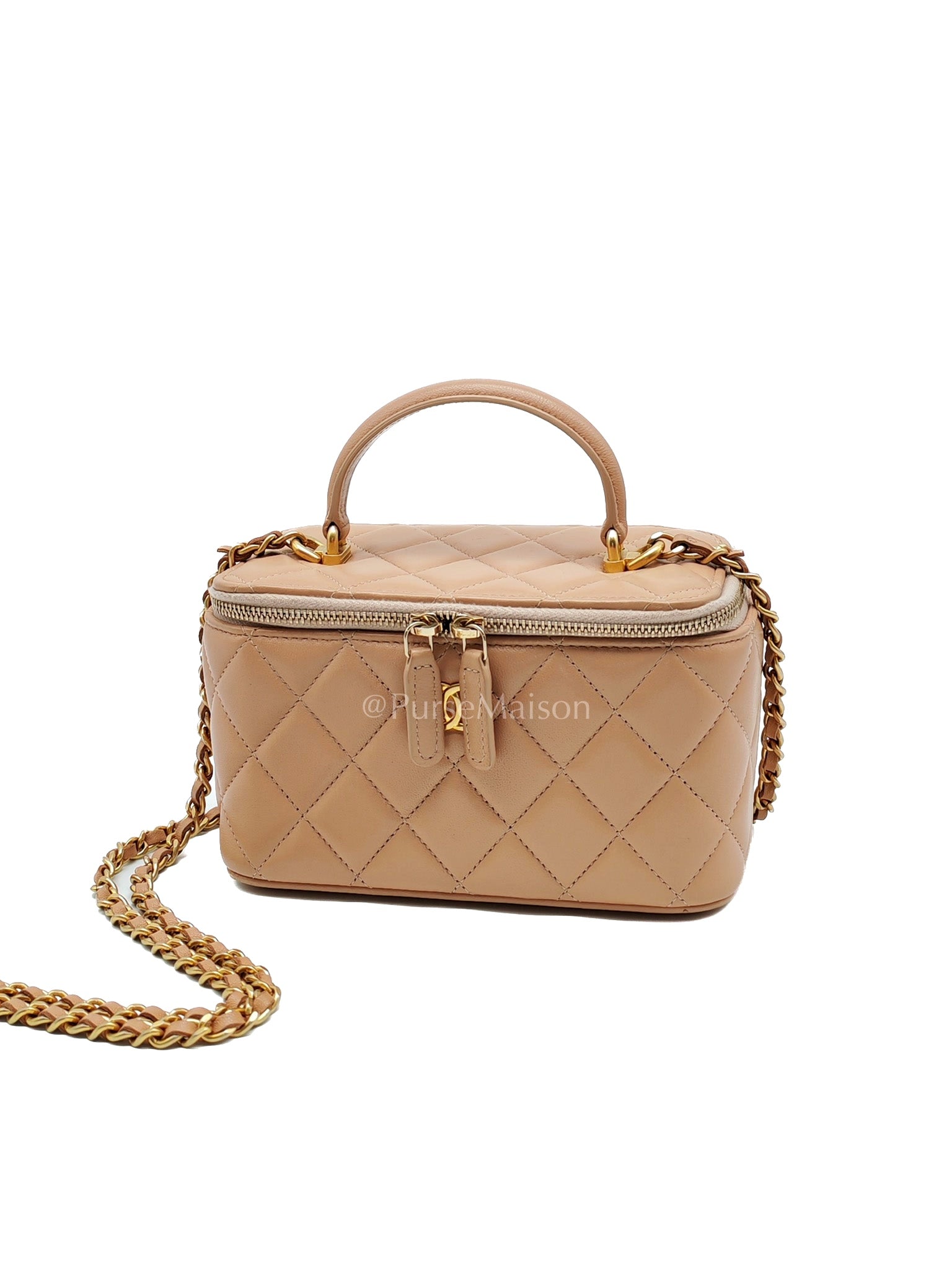 Vanity Case Top Handle Beige in Quilted Lambskin Leather and Aged Gold Hardware Series 31 | Purse Maison Luxury Bags Shop