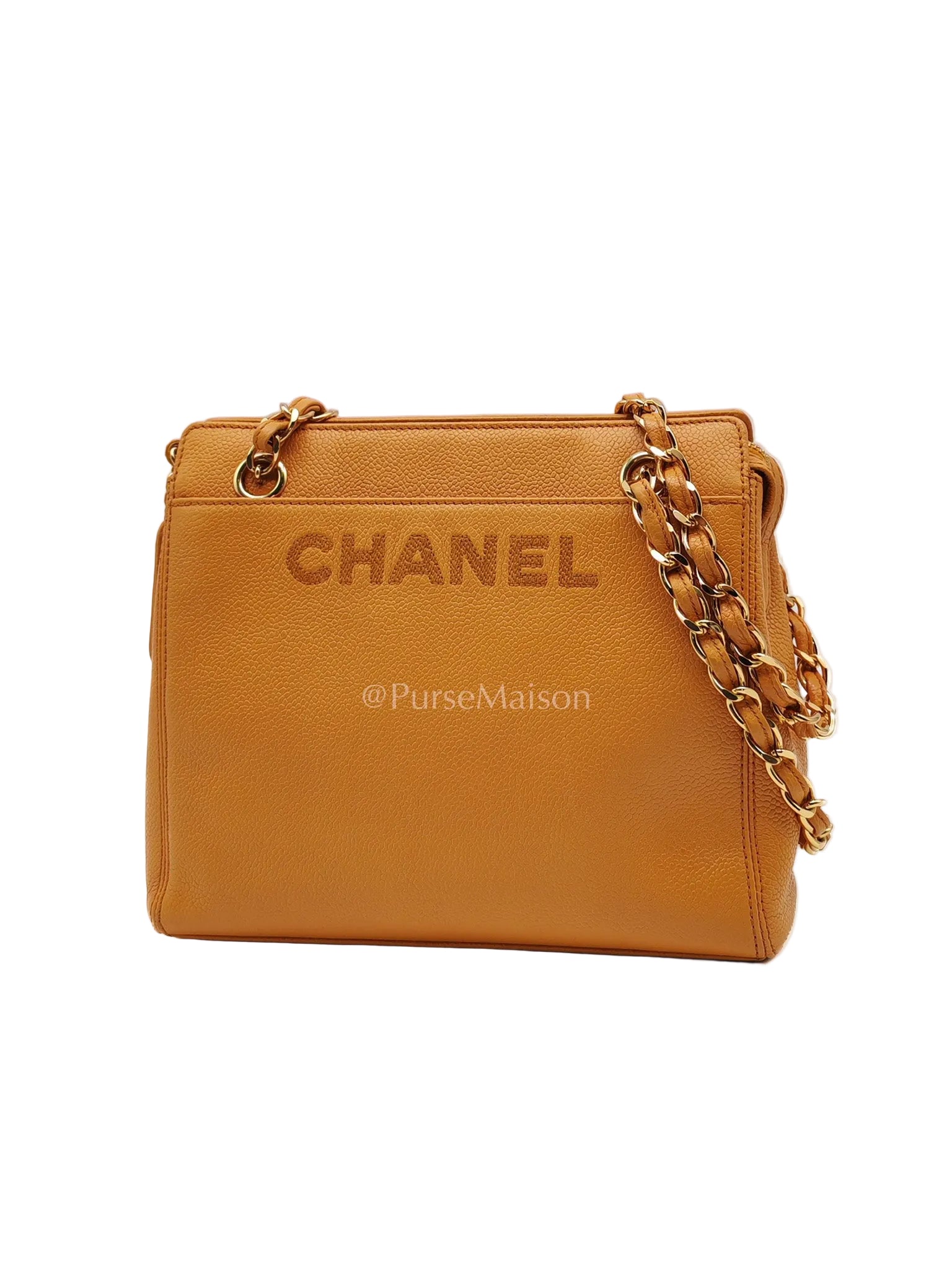 Chanel Vintage Chain Tote Bag in Orange Caviar Leather and Gold Hardware Series 5 | Purse Maison Luxury Bags Shop