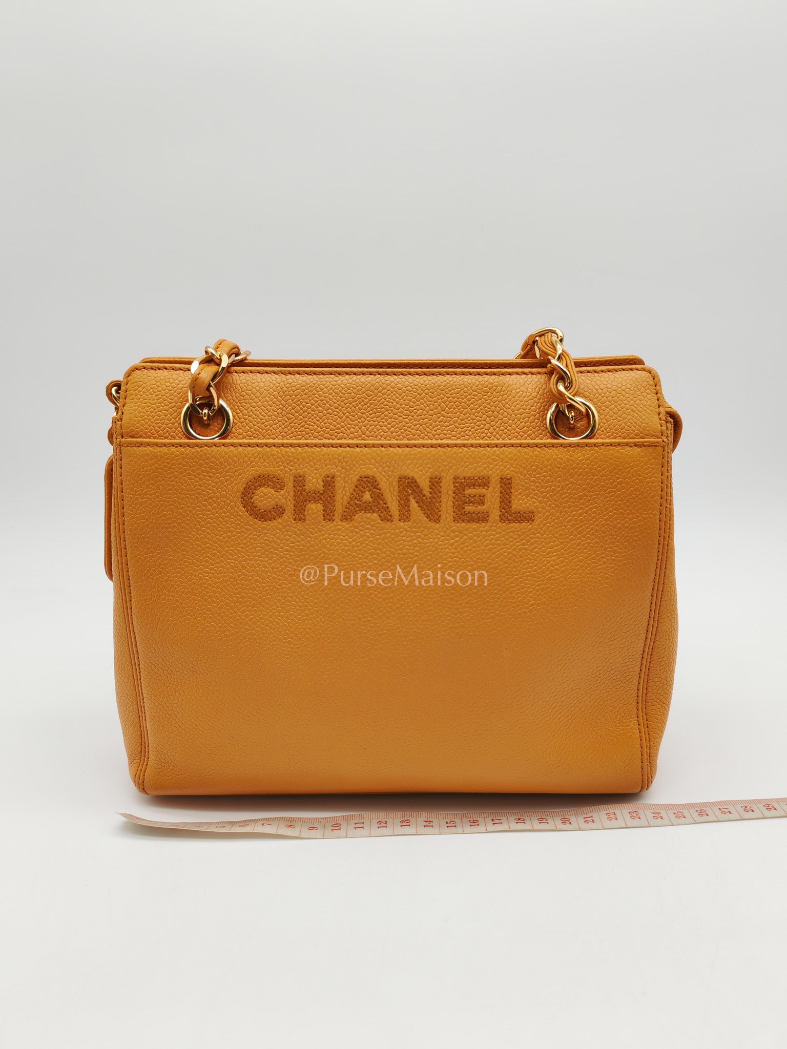 Chanel Vintage Chain Tote Bag in Orange Caviar Leather and Gold Hardware Series 5 | Purse Maison Luxury Bags Shop