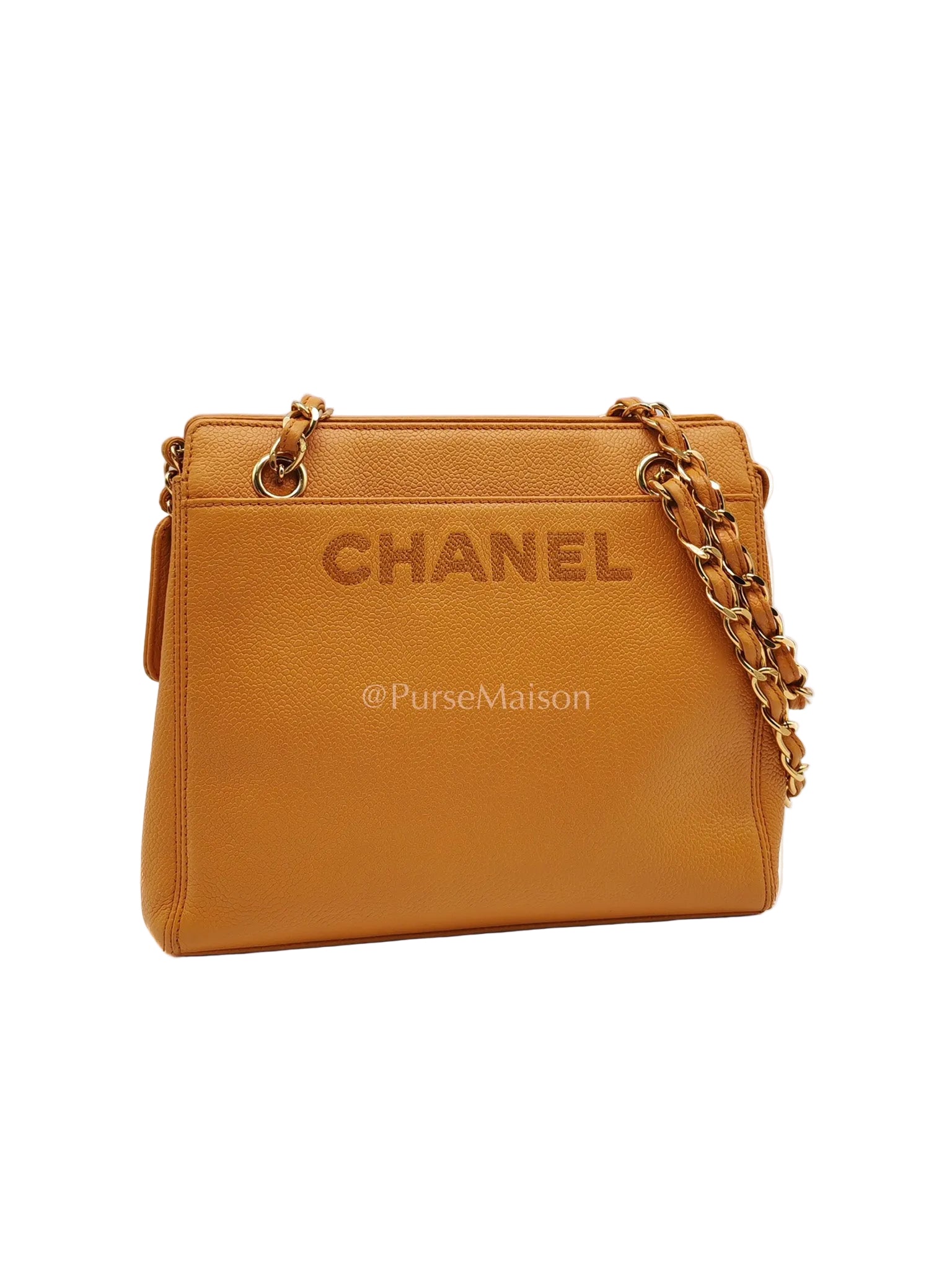 Chanel Vintage Chain Tote Bag in Orange Caviar Leather and Gold Hardware Series 5 | Purse Maison Luxury Bags Shop