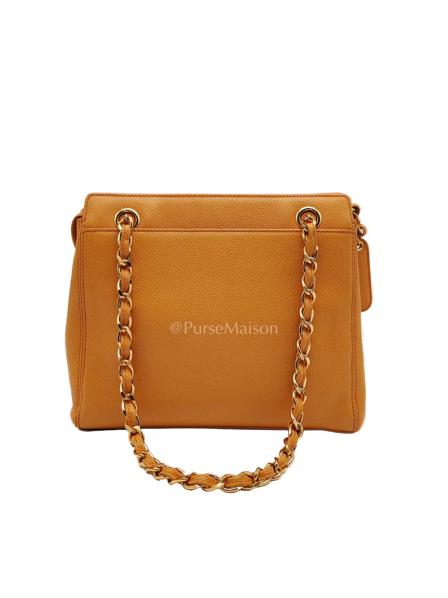 Chanel Vintage Chain Tote Bag in Orange Caviar Leather and Gold Hardware Series 5 | Purse Maison Luxury Bags Shop