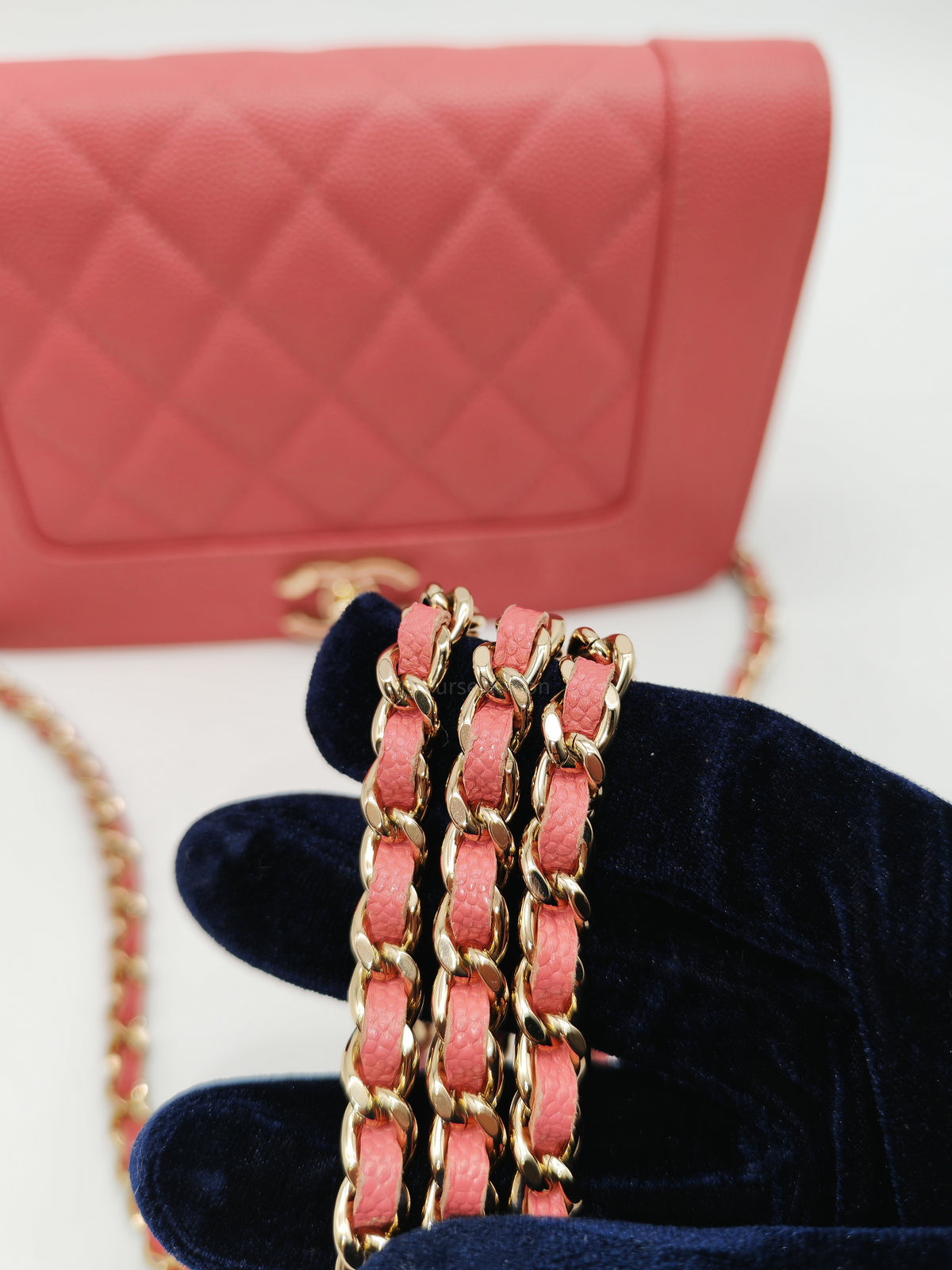 Chanel Vintage Mademoiselle Wallet on Chain in Pink Caviar Quilted Light Gold Hardware (Series 28) | Purse Maison Luxury Bags Shop