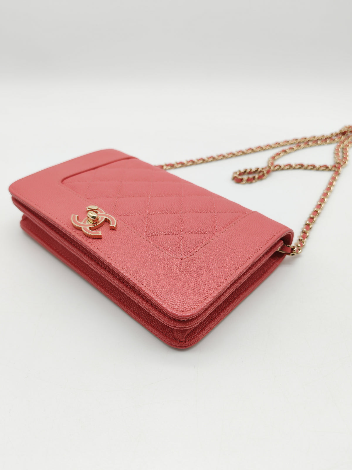 Chanel Vintage Mademoiselle Wallet on Chain in Pink Caviar Quilted Light Gold Hardware (Series 28) | Purse Maison Luxury Bags Shop