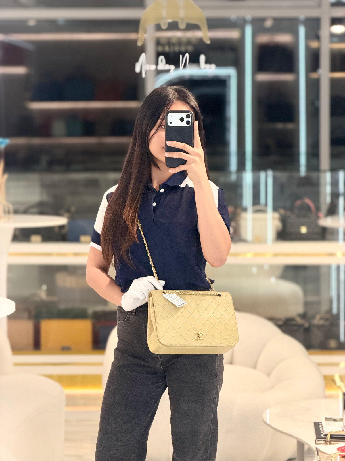 Chanel Vintage Timeless Classic Flap Bag in Beige Quilted Lambskin Leather and Gold Hardware Series 1 | Purse Maison Luxury Bags Shop