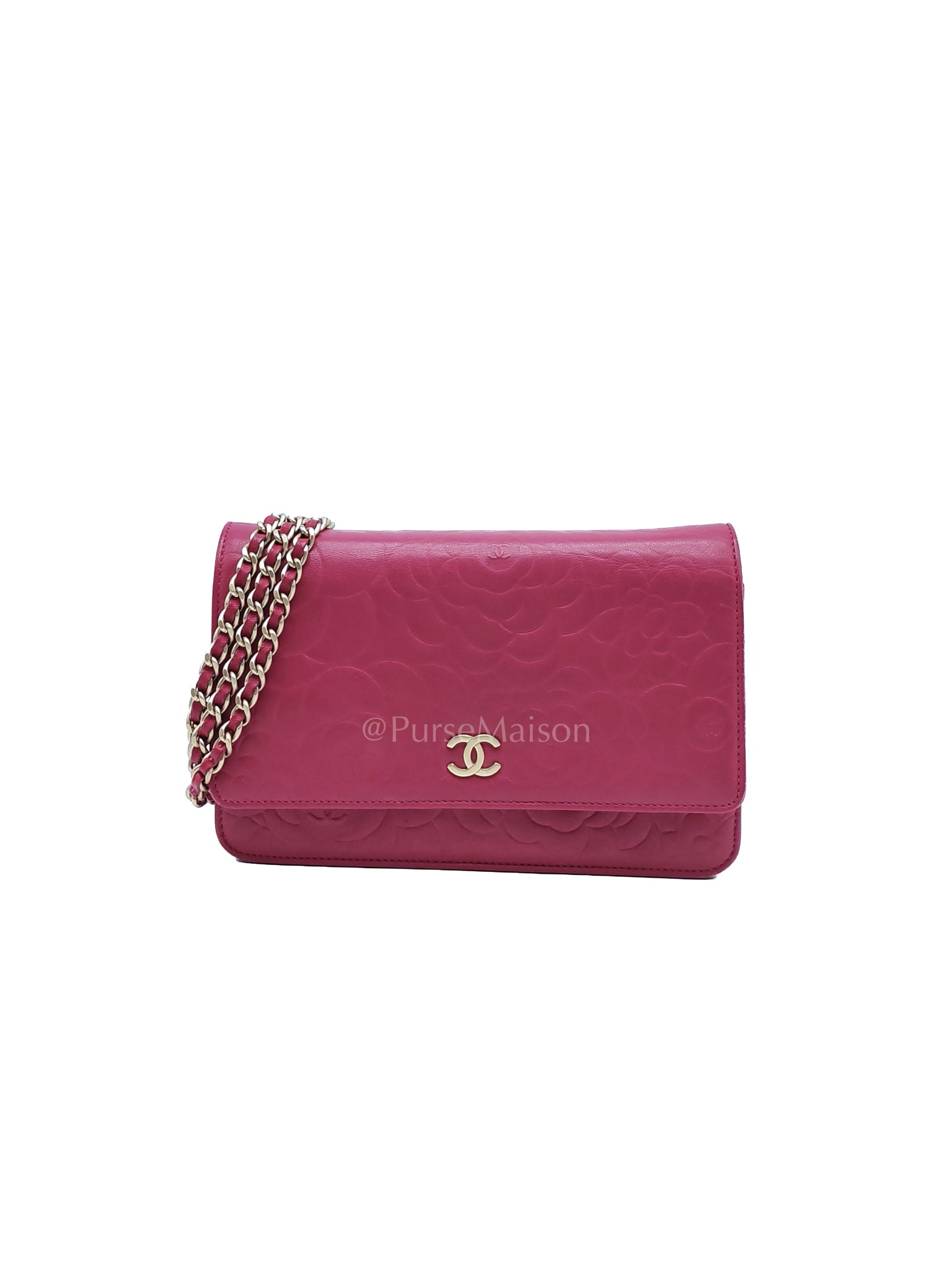Wallet On Chain (WOC) Camellia Flap Fuchsia Calfskin and Aged Gold Hardware Series 16 | Purse Maison Luxury Bags Shop