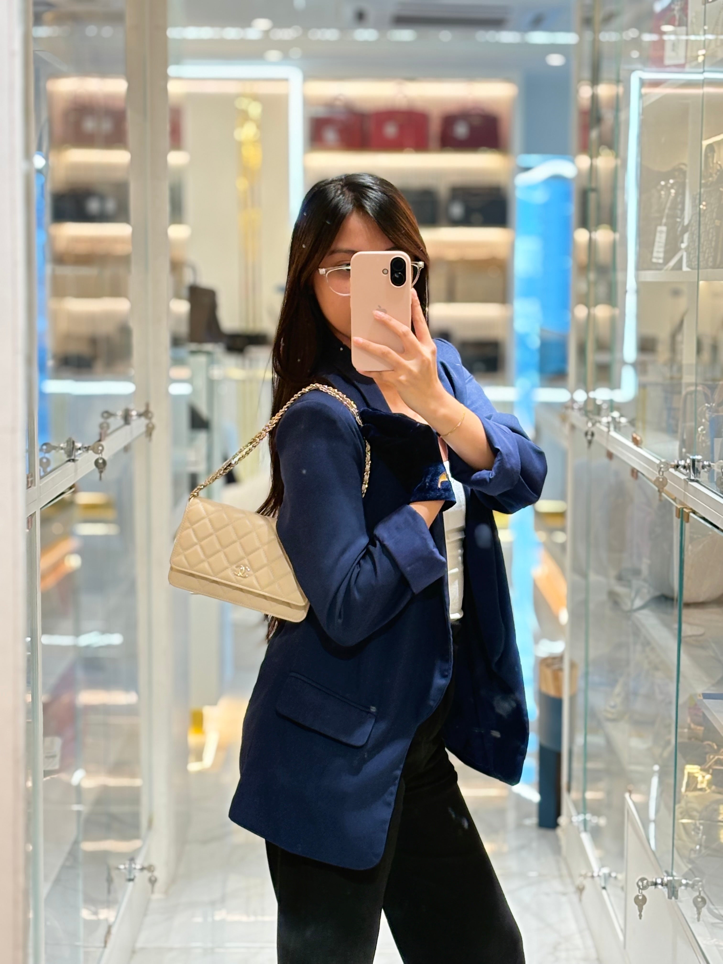 Wallet On Chain (WOC) in Beige Clair Quilted Caviar Leather and Gold Hardware Microchip | Purse Maison Luxury Bags Shop
