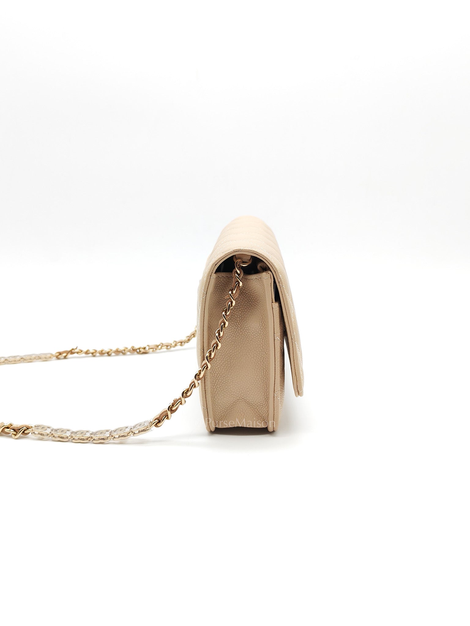Wallet On Chain (WOC) in Beige Clair Quilted Caviar Leather and Gold Hardware Microchip | Purse Maison Luxury Bags Shop