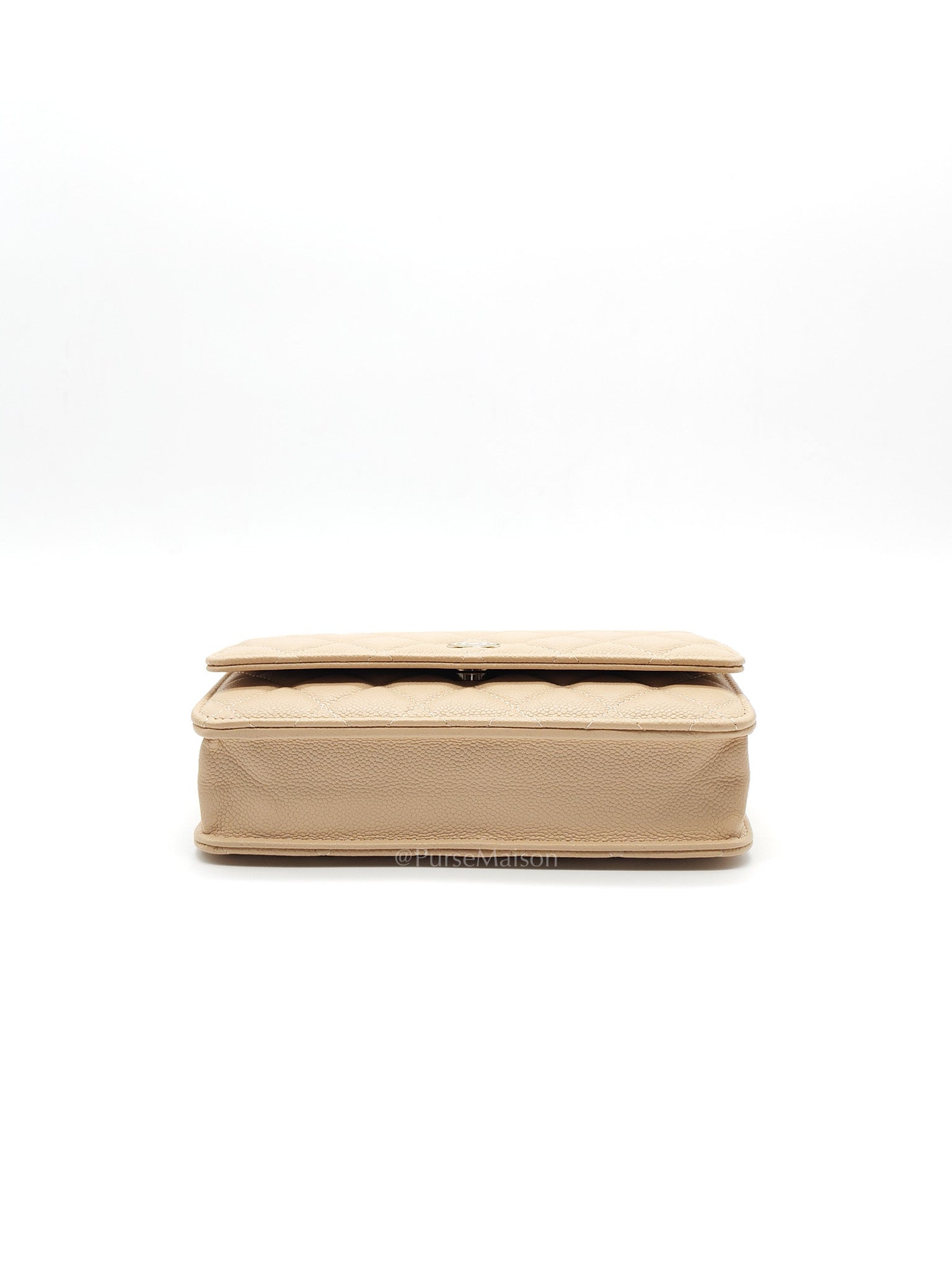 Wallet On Chain (WOC) in Beige Clair Quilted Caviar Leather and Gold Hardware Microchip | Purse Maison Luxury Bags Shop