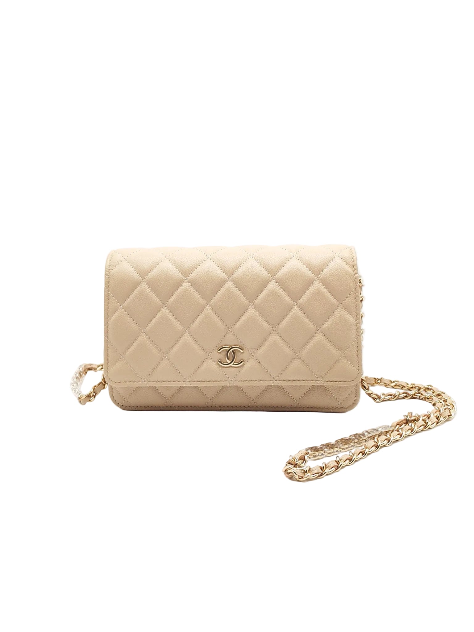 Wallet On Chain (WOC) in Beige Clair Quilted Caviar Leather and Gold Hardware Microchip | Purse Maison Luxury Bags Shop