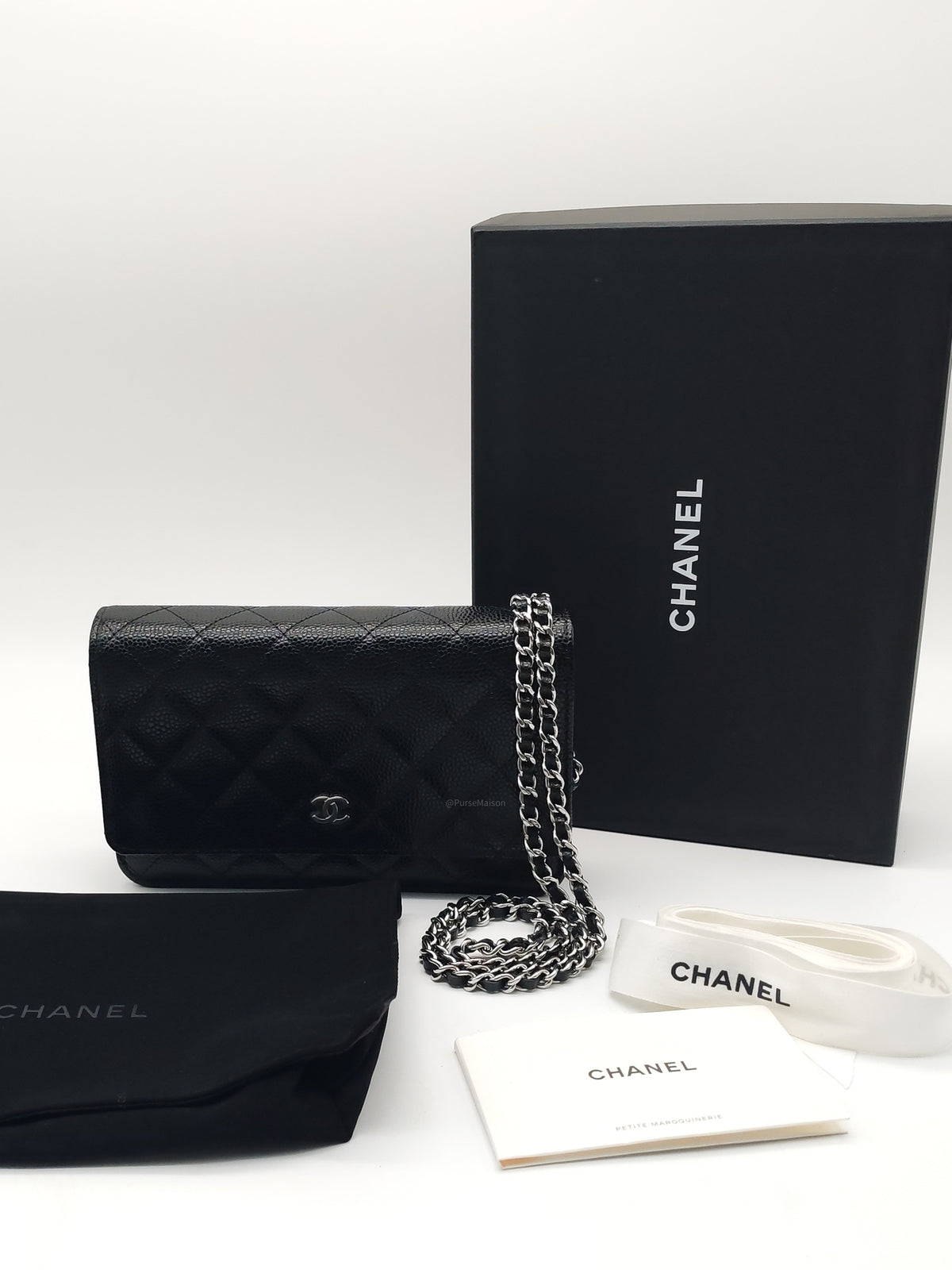 Chanel Wallet on Chain (WOC) in Black Caviar Leather and Silver Hardware Microchip (HC****E0) | Purse Maison Luxury Bags Shop