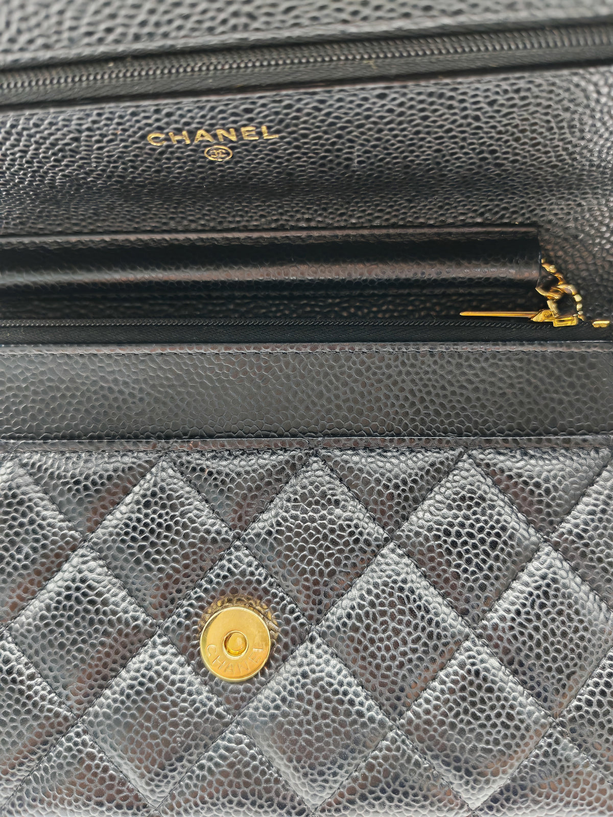 Chanel Wallet on Chain (WOC) in Black Quilted Caviar Leather and Gold Hardware Series 29 | Purse Maison Luxury Bags Shop
