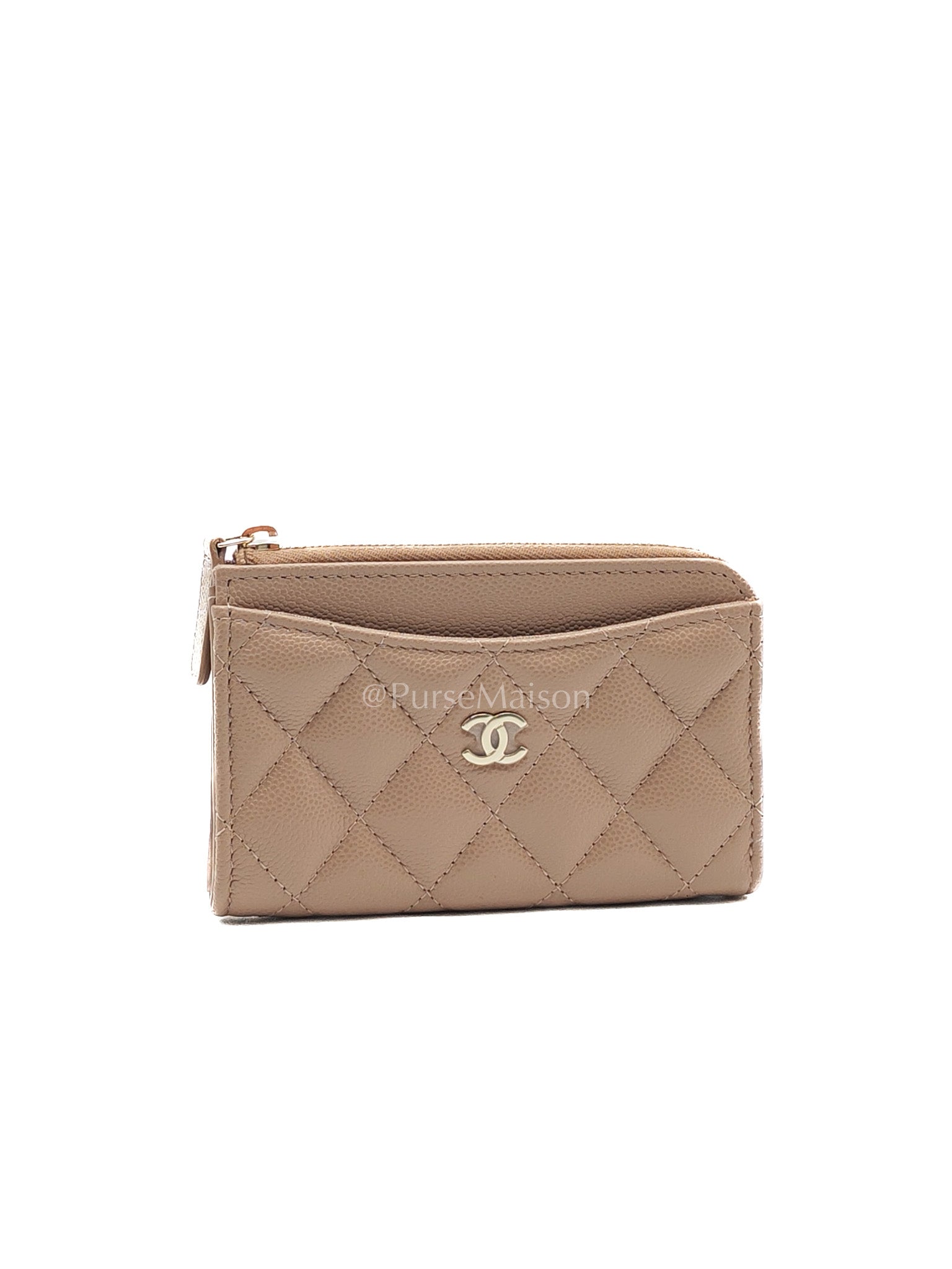 Chanel Zipped Card Holder in Dark Beige Caviar Leather and