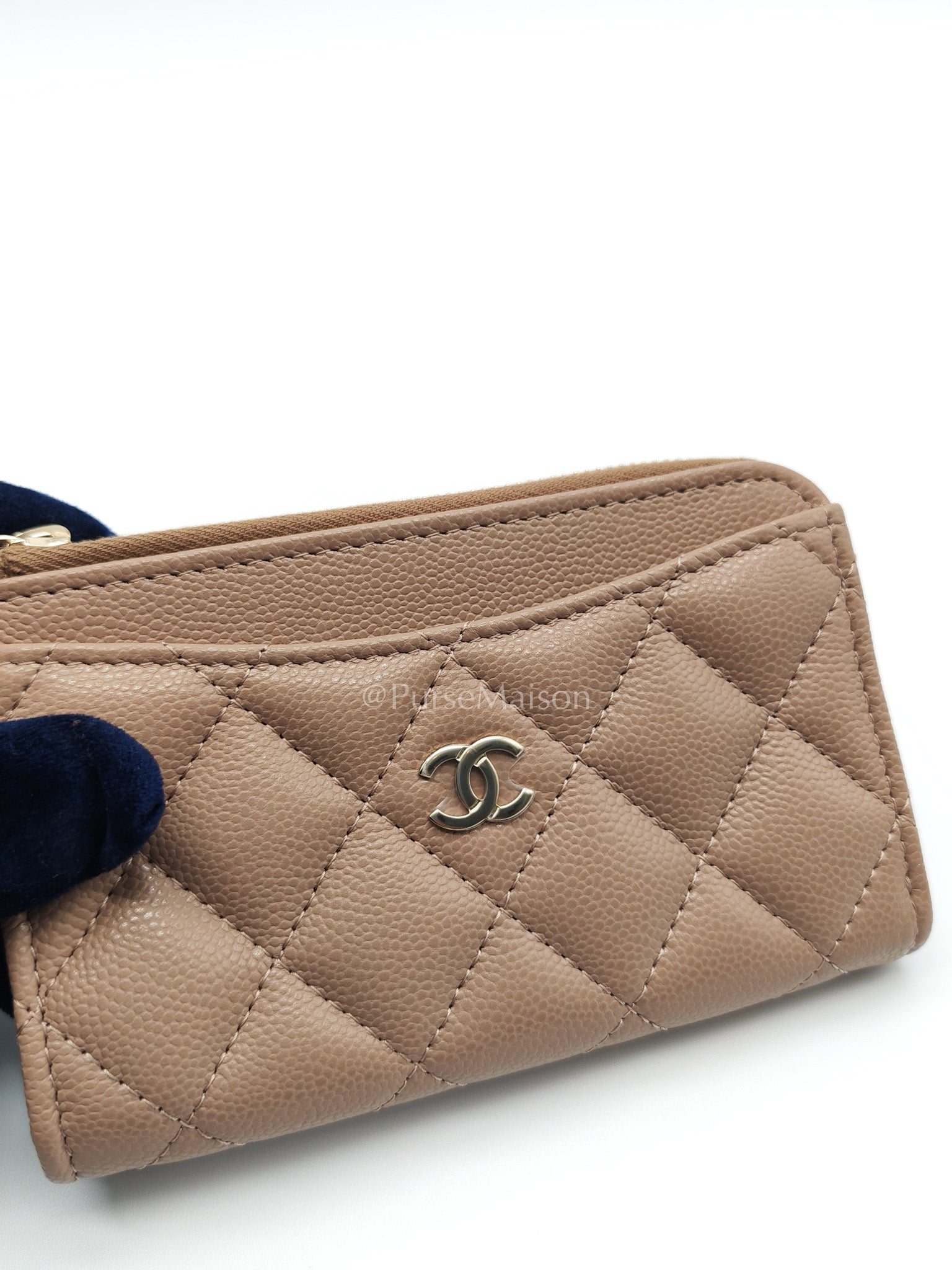 Chanel Zipped Card Holder in Dark Beige Caviar Leather and Light Gold Hardware (Microchip) | Purse Maison Luxury Bags Shop