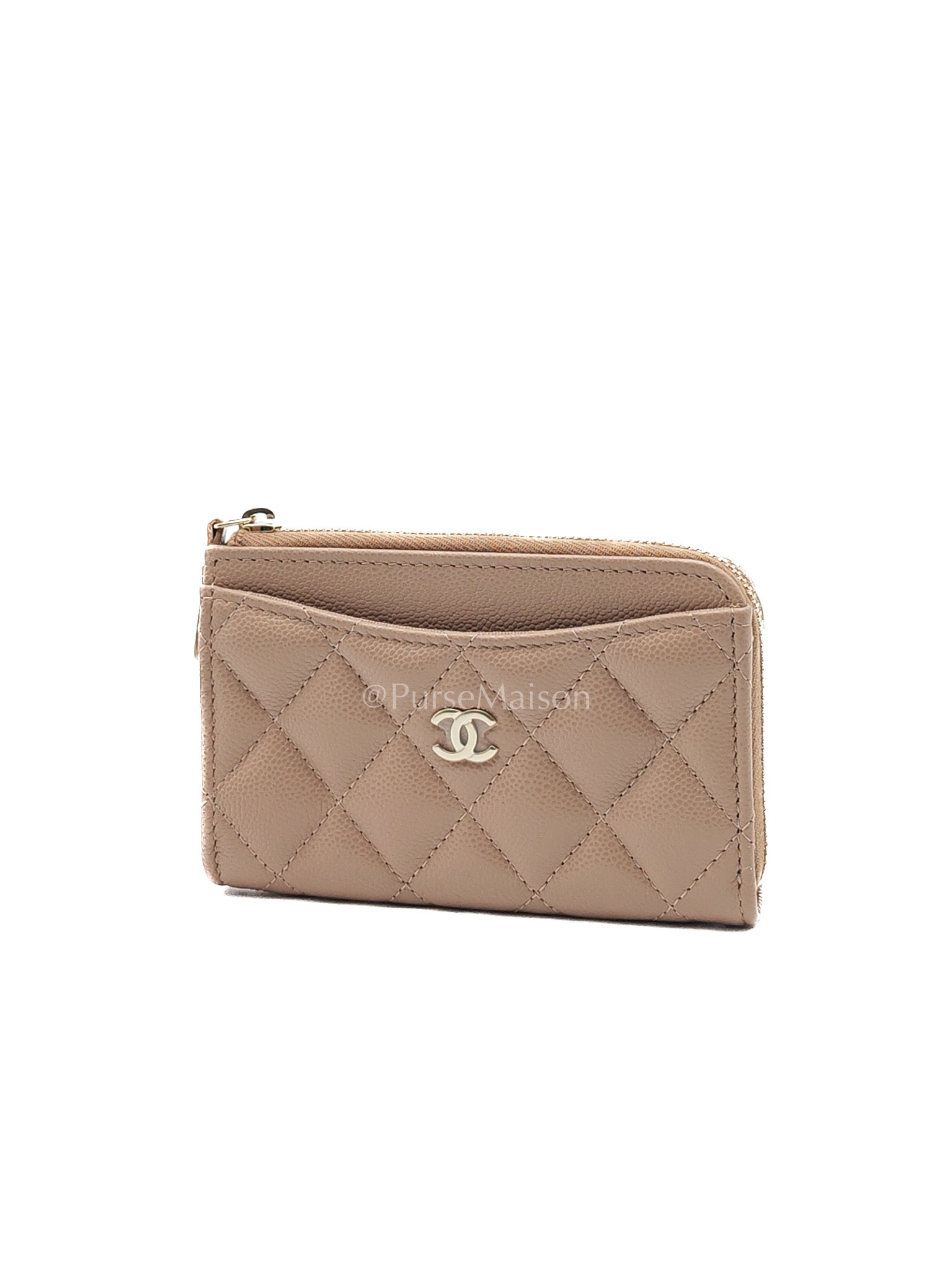 Chanel Zipped Card Holder in Dark Beige Caviar Leather and Light Gold Hardware (Microchip) | Purse Maison Luxury Bags Shop
