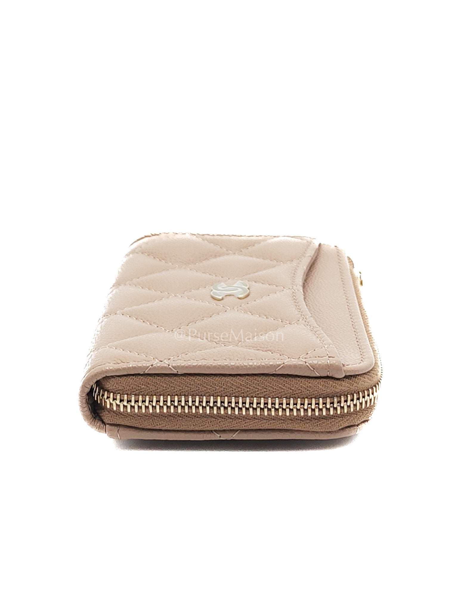 Chanel Zipped Card Holder in Dark Beige Caviar Leather and Light Gold Hardware (Microchip) | Purse Maison Luxury Bags Shop