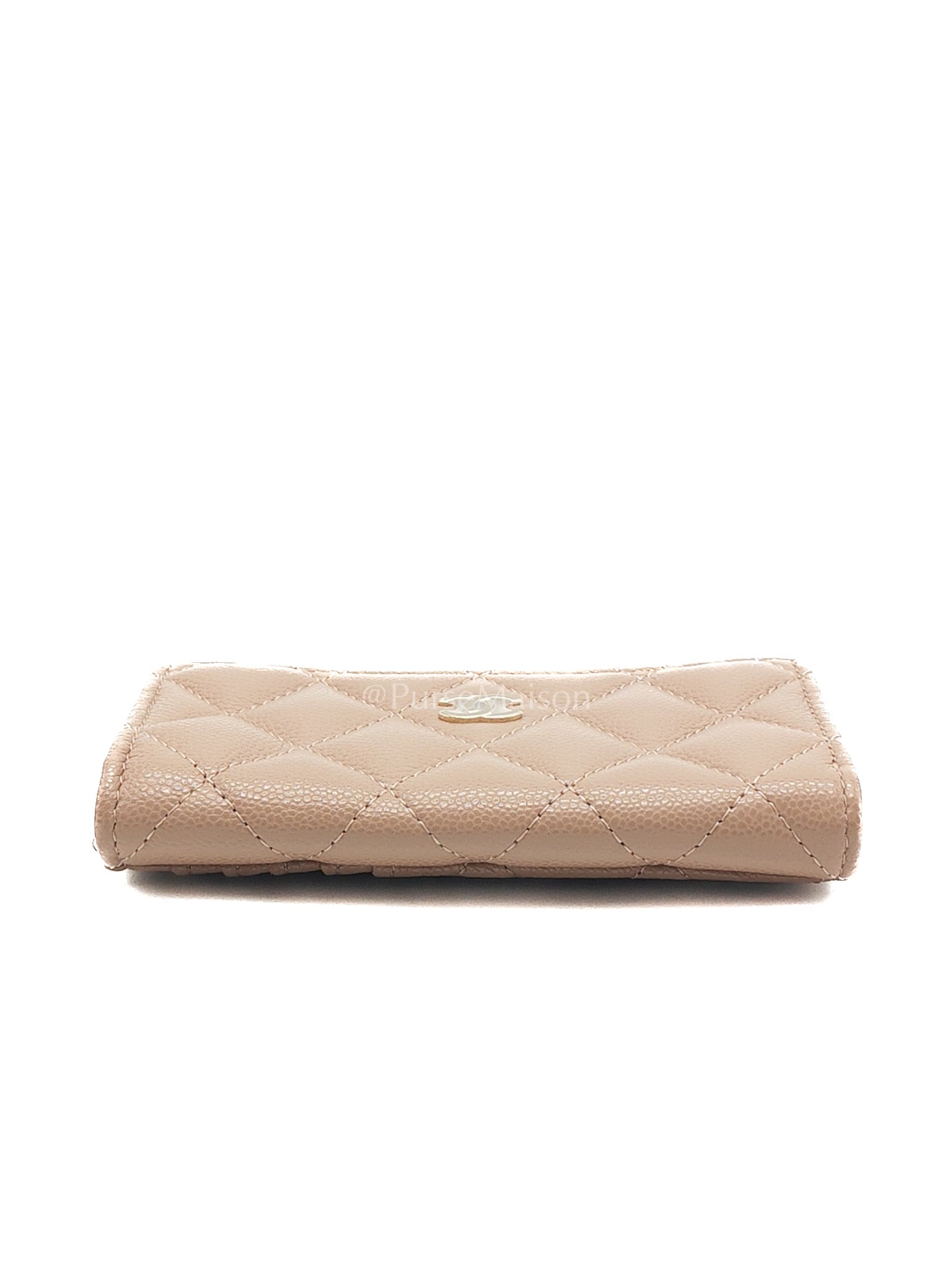Chanel Zipped Card Holder in Dark Beige Caviar Leather and Light Gold Hardware (Microchip) | Purse Maison Luxury Bags Shop
