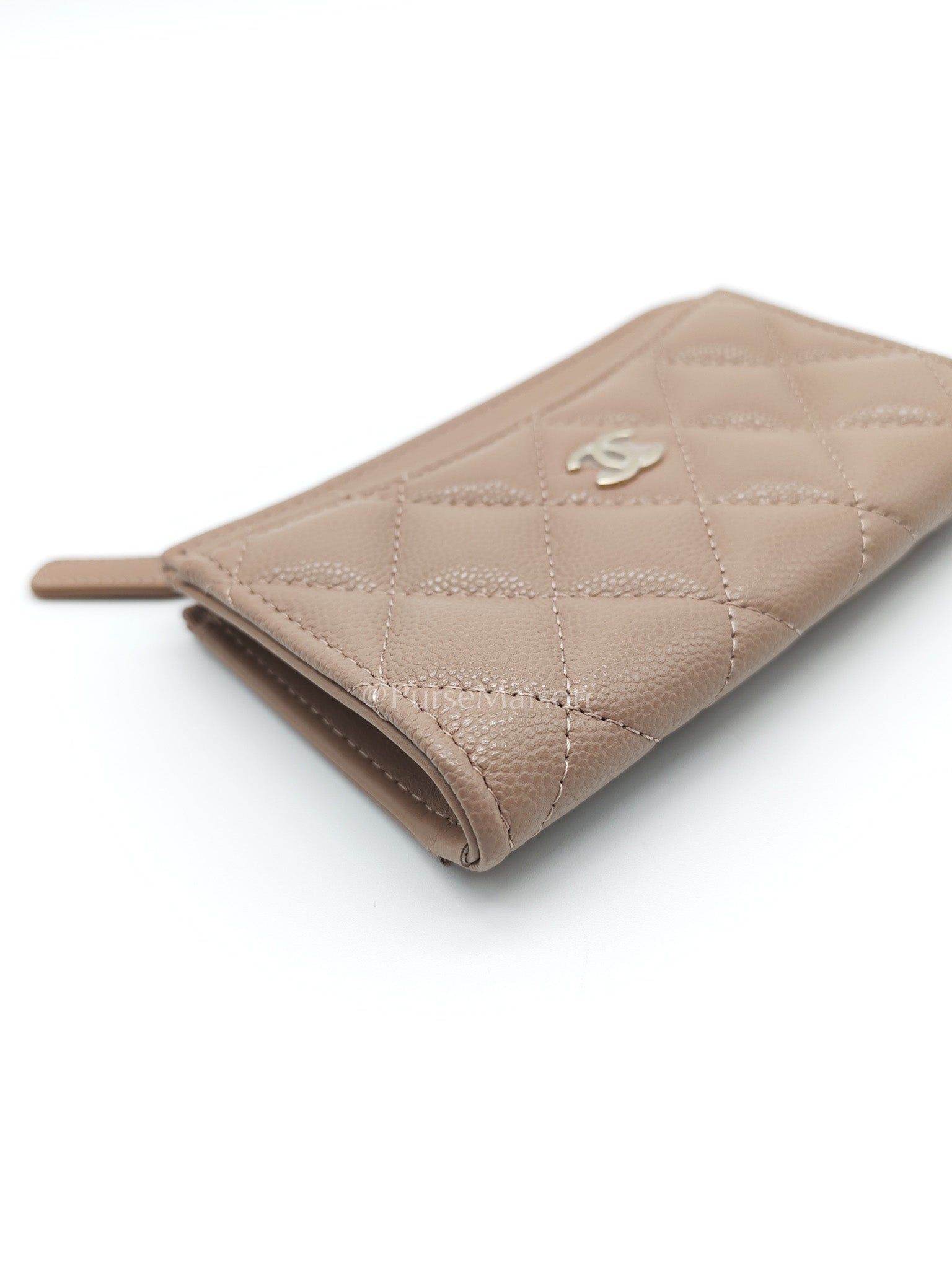 Chanel Zipped Card Holder in Dark Beige Caviar Leather and Light Gold Hardware (Microchip) | Purse Maison Luxury Bags Shop