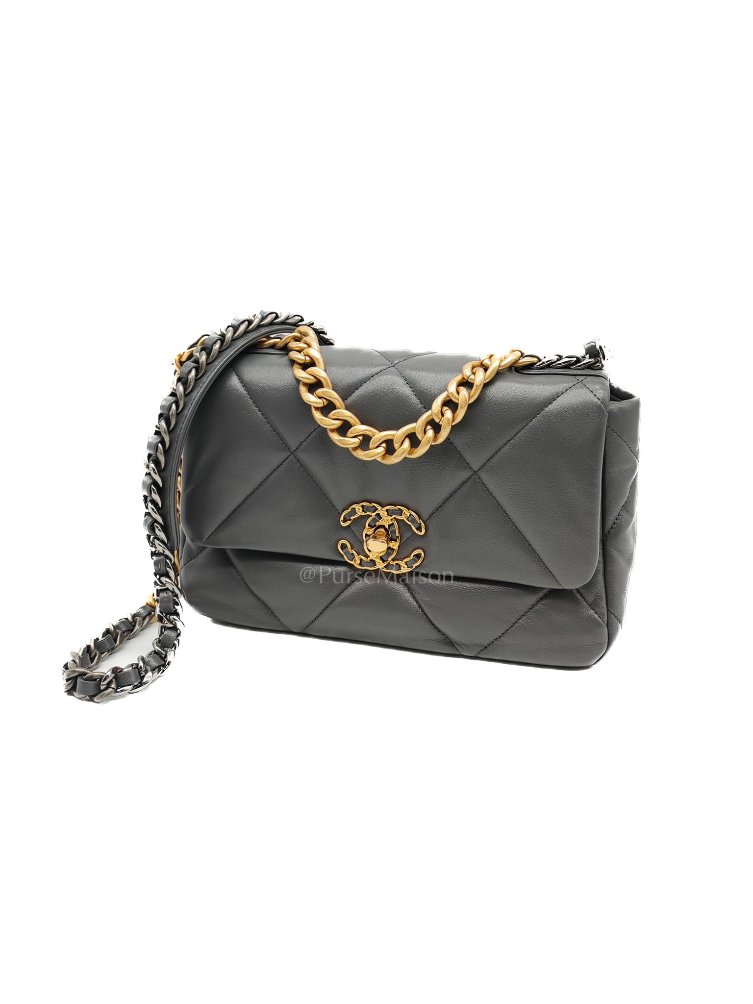 19 Medium in Gray Quilted Lambskin Leather & Mix Hardware Microchip