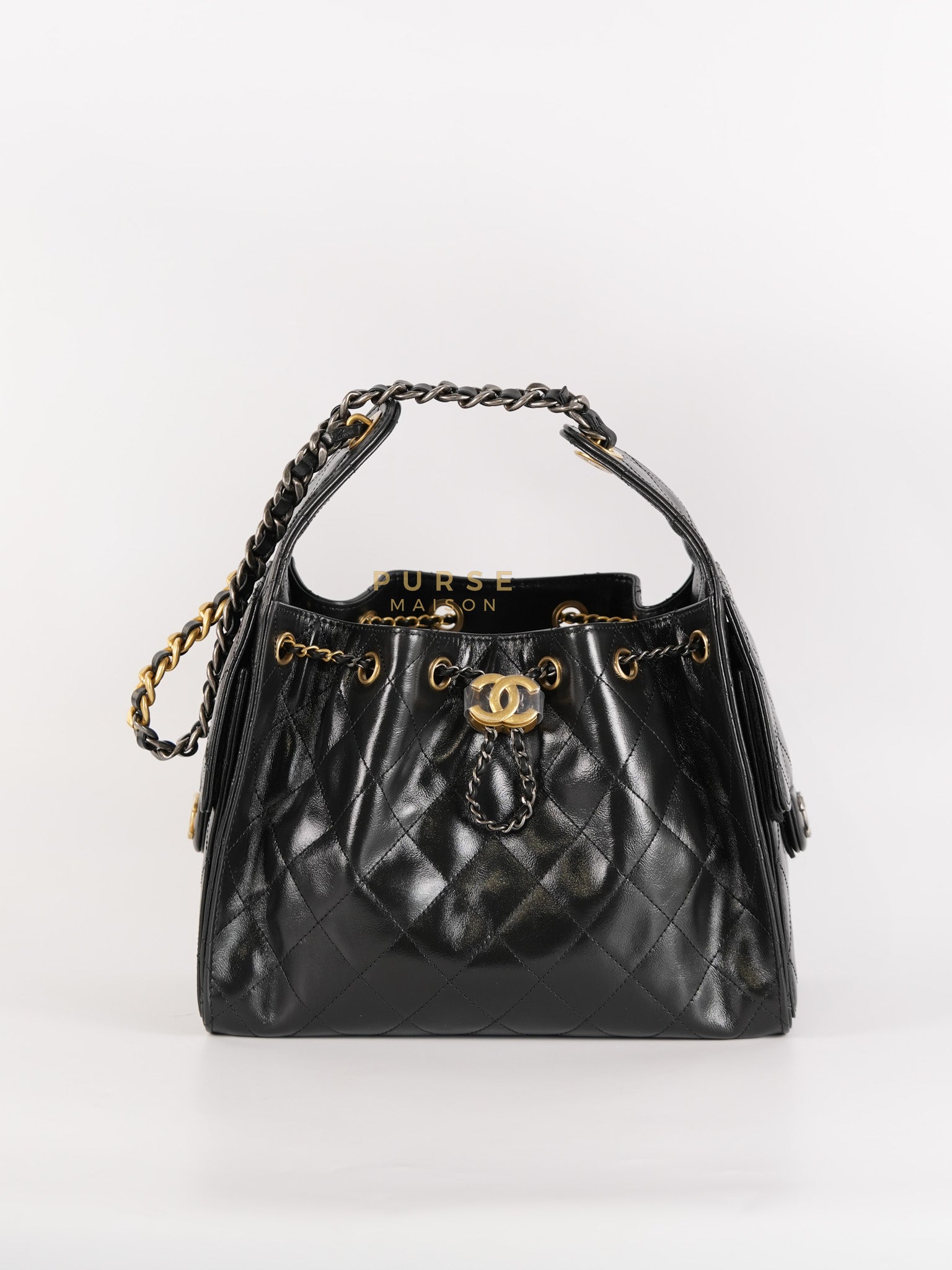 25 Small Hobo Tote Bag in Black Calfskin Leather & Mixed Hardware Microchip