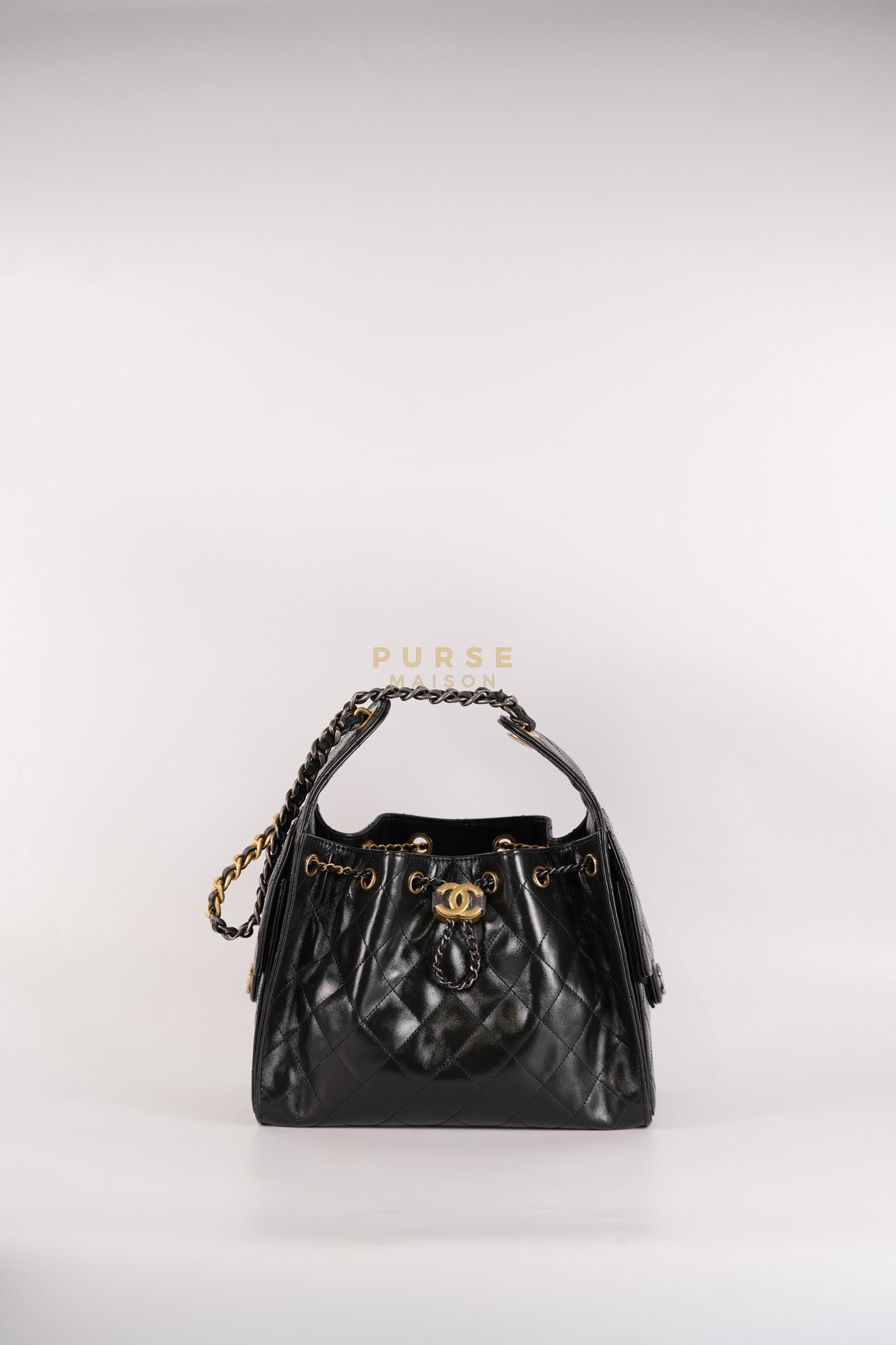 25 Small Hobo Tote Bag in Black Calfskin Leather & Mixed Hardware Microchip