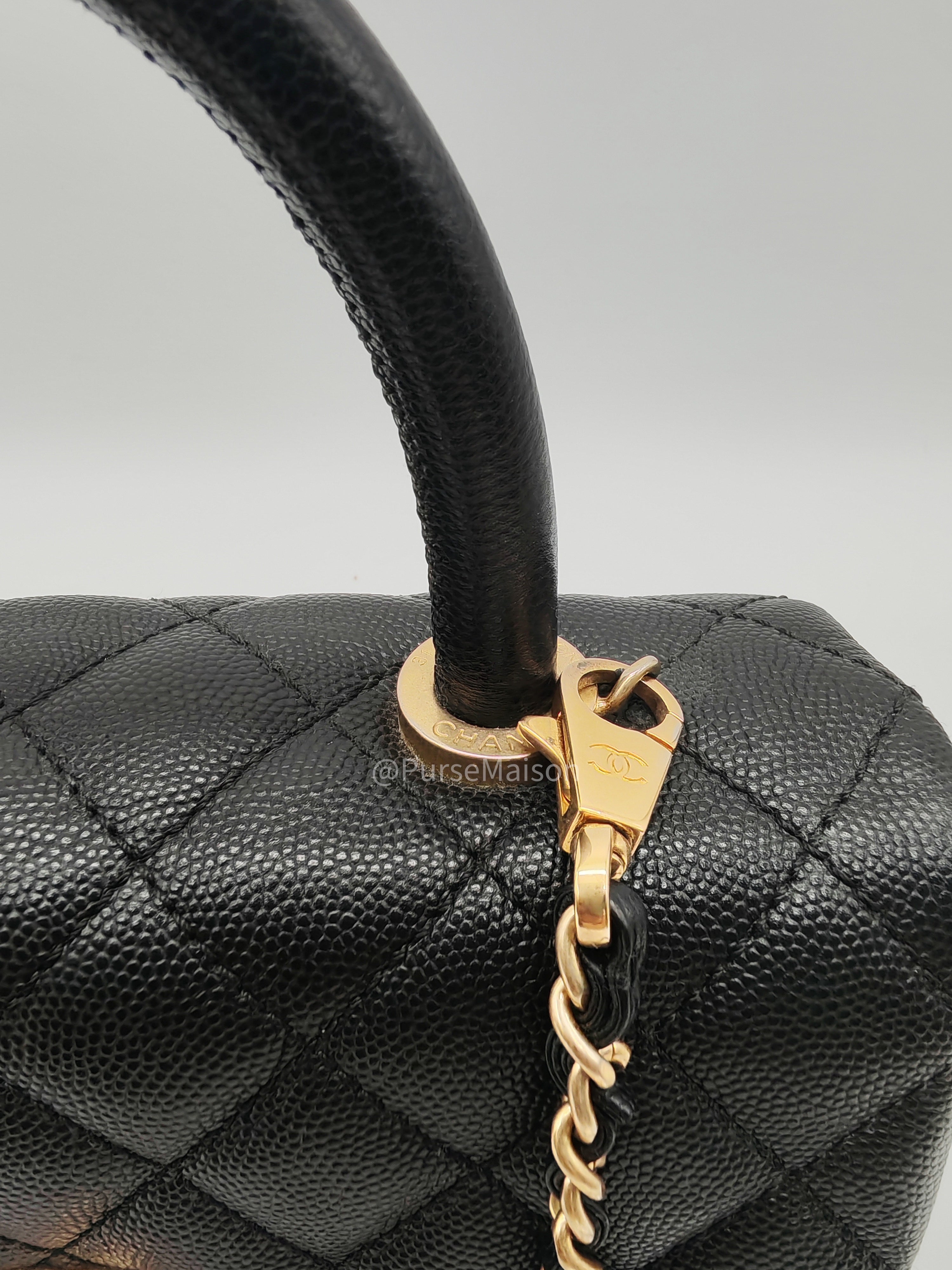 Chanel Coco Handle Small in Black Quilted Caviar Leather and Light Gold Hardware Series 24