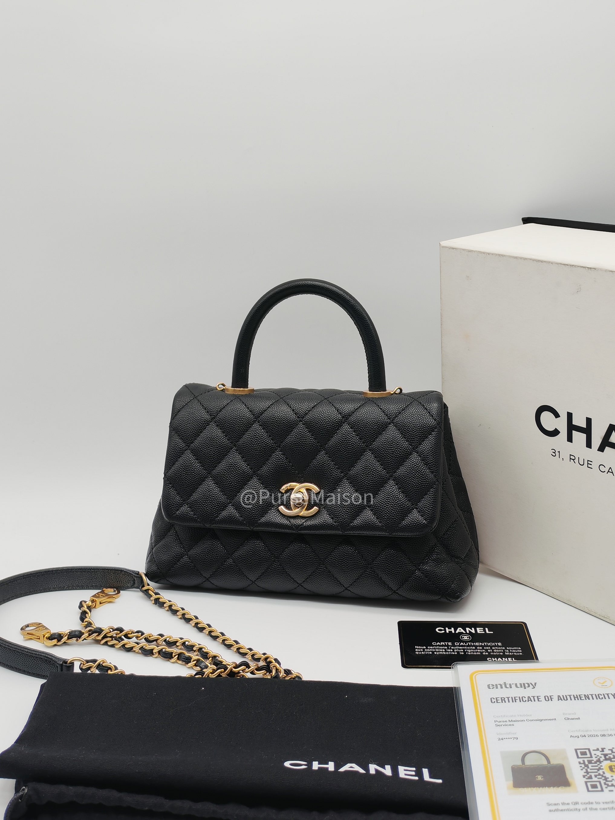 Chanel Coco Handle Small in Black Quilted Caviar Leather and Light Gold Hardware Series 24
