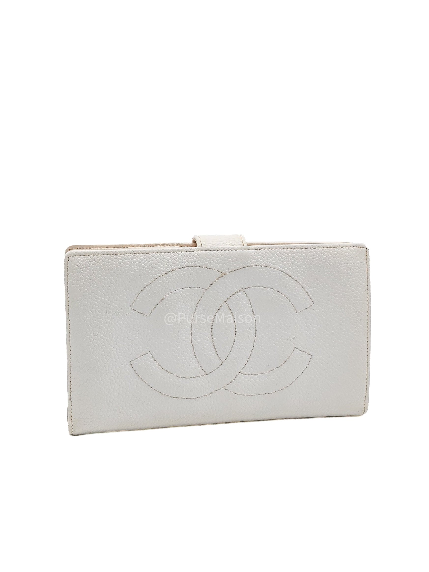 Chanel Timeless CC Long Bifold Wallet in White Caviar Leather and Gold Hardware Series 5