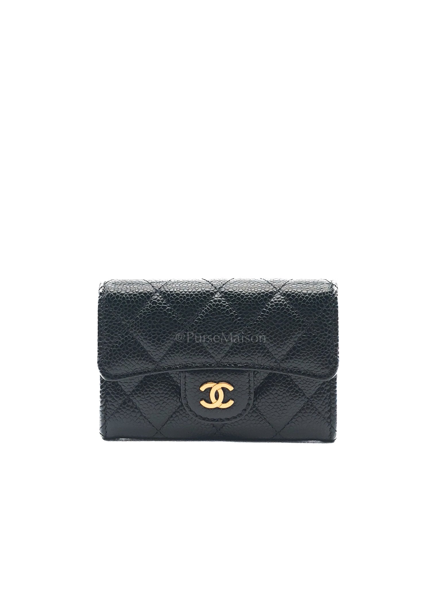 Chanel Classic Flap Card Holder in Black Quilted Caviar Leather & Gold Hardware Series 30