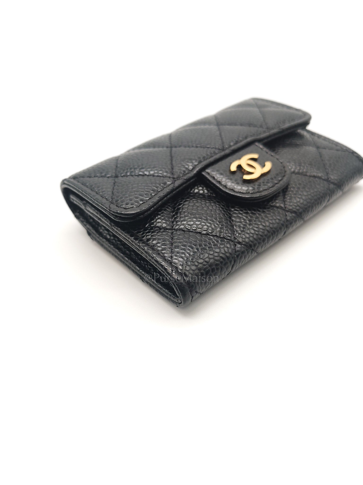 Chanel Classic Flap Card Holder in Black Quilted Caviar Leather & Gold Hardware Series 30