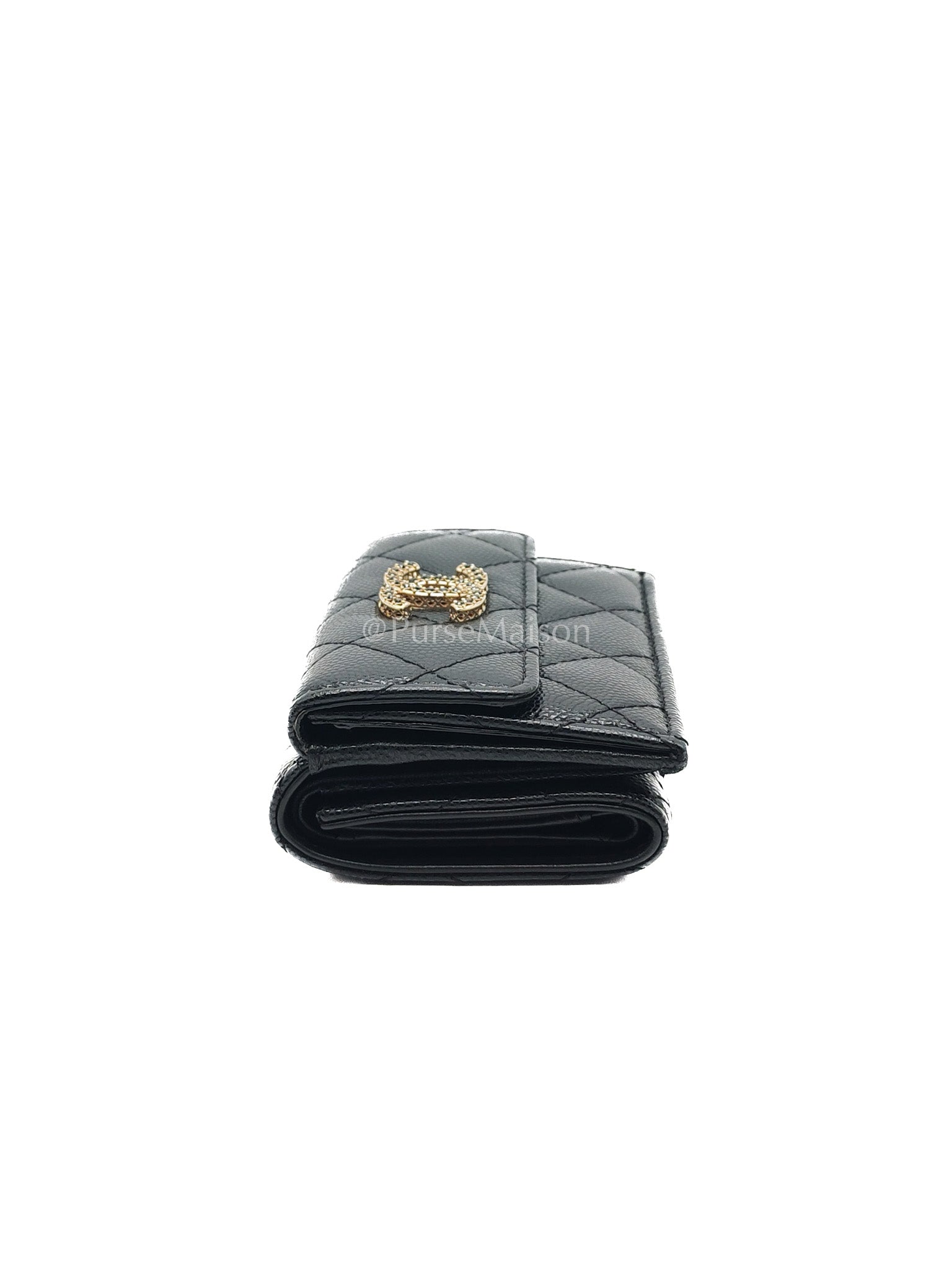 Chanel Tri-Fold Flap Wallet in Black Quilted Caviar Leather and Crystal Enamel CC Logo Microchip