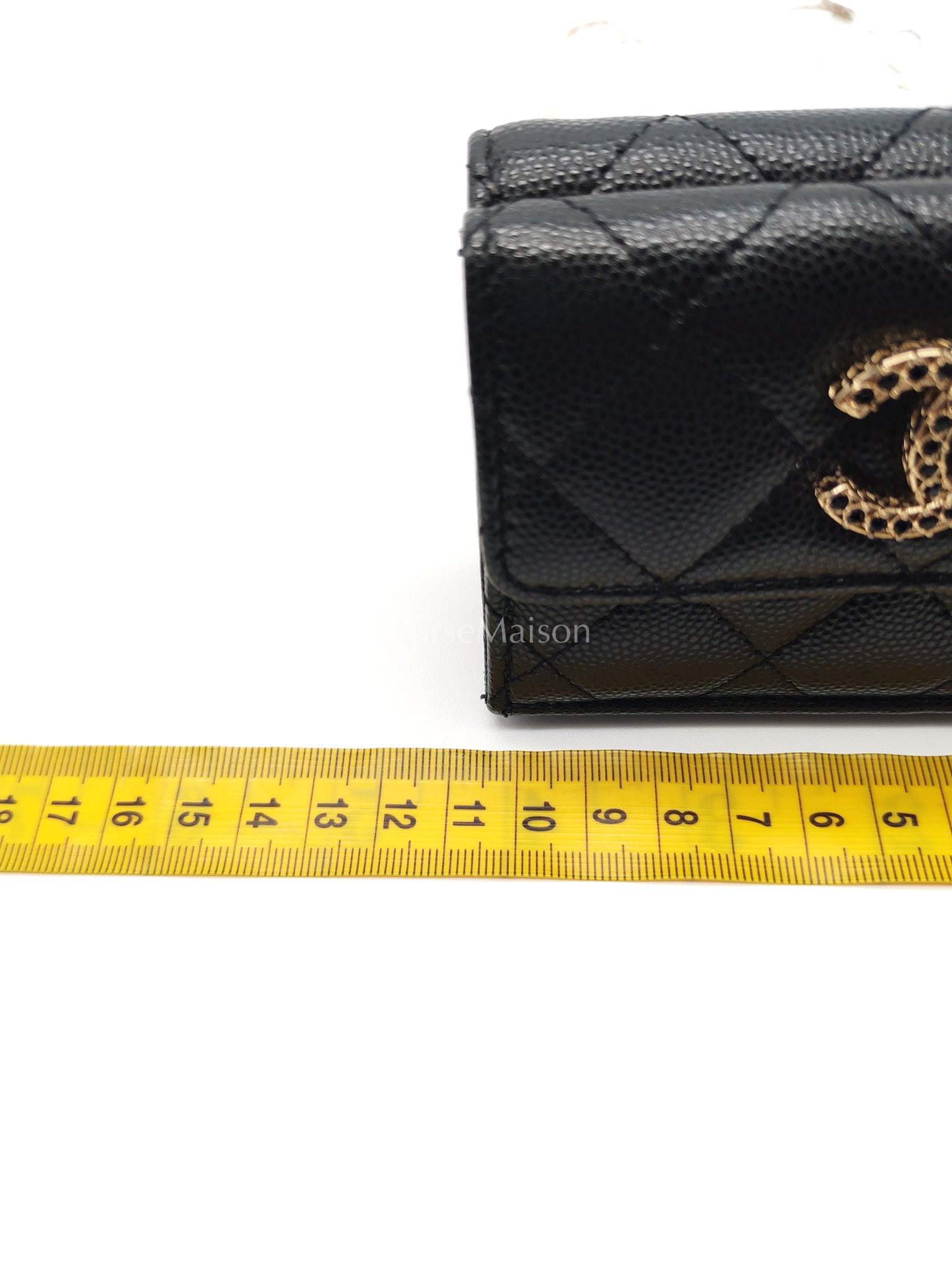 Chanel Tri-Fold Flap Wallet in Black Quilted Caviar Leather and Crystal Enamel CC Logo Microchip