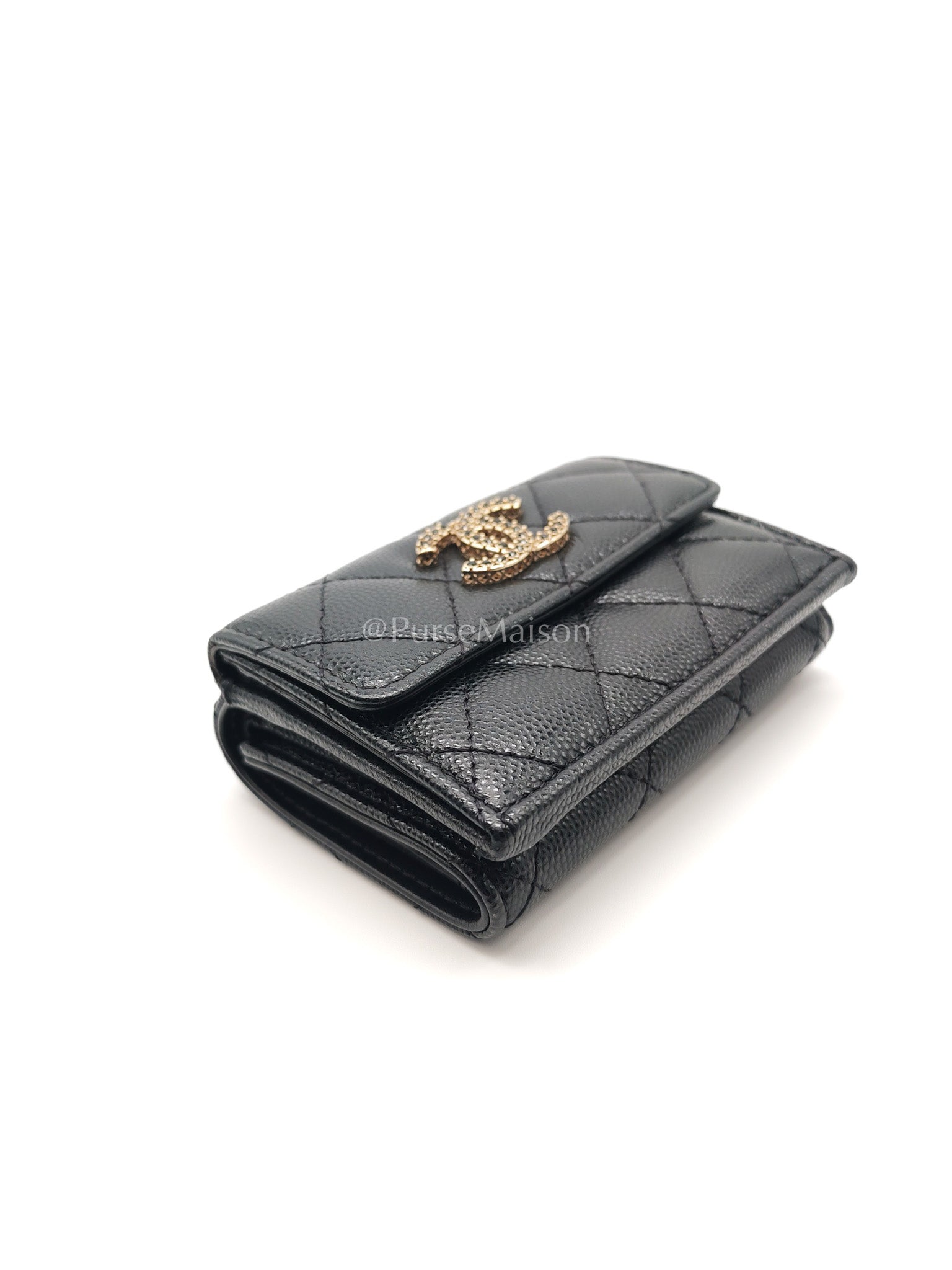 Chanel Tri-Fold Flap Wallet in Black Quilted Caviar Leather and Crystal Enamel CC Logo Microchip