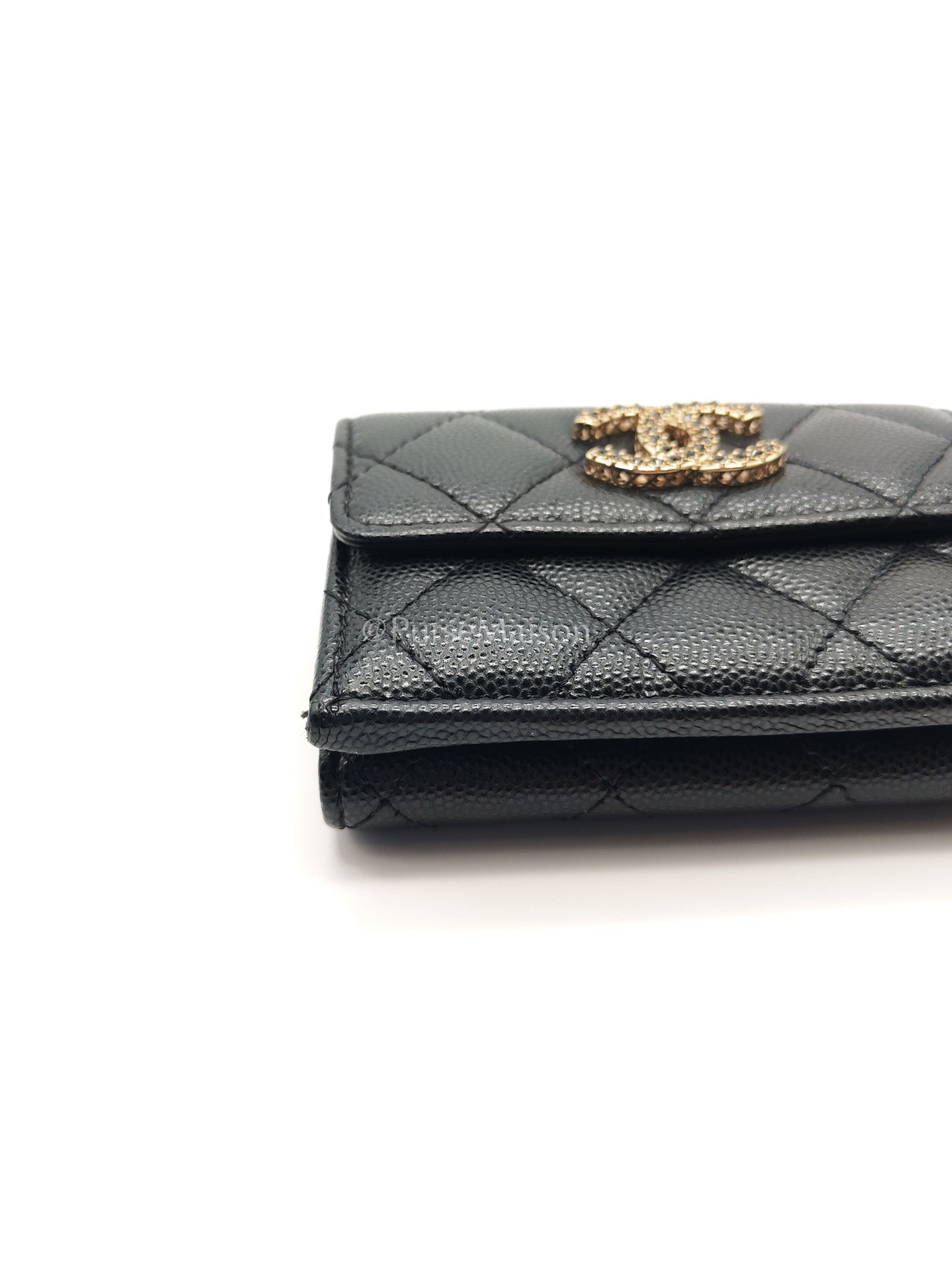 Chanel Tri-Fold Flap Wallet in Black Quilted Caviar Leather and Crystal Enamel CC Logo Microchip