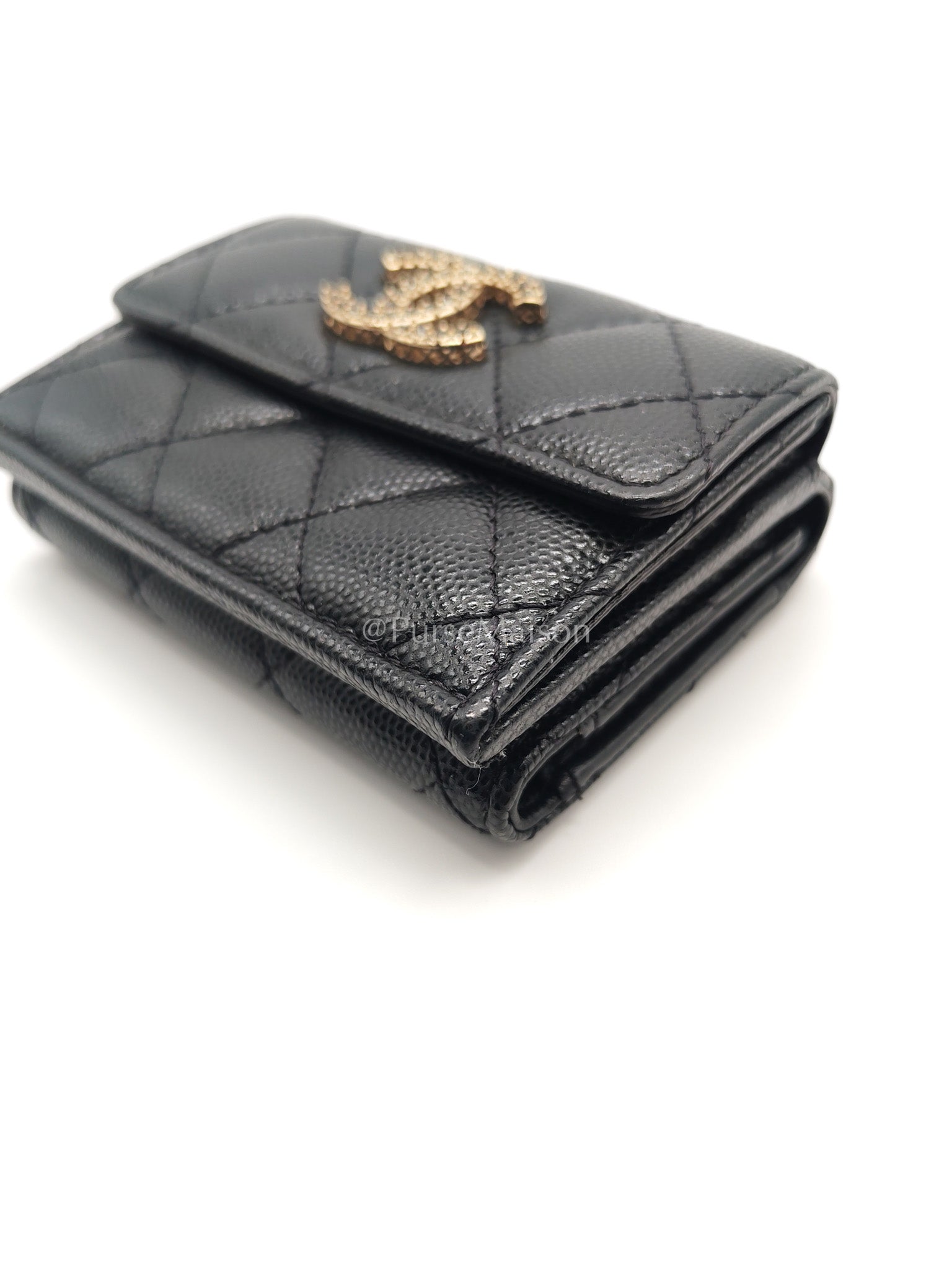 Chanel Tri-Fold Flap Wallet in Black Quilted Caviar Leather and Crystal Enamel CC Logo Microchip