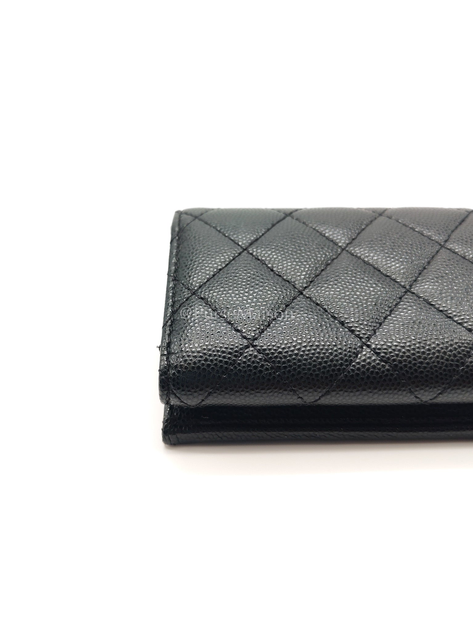 Chanel Tri-Fold Flap Wallet in Black Quilted Caviar Leather and Crystal Enamel CC Logo Microchip