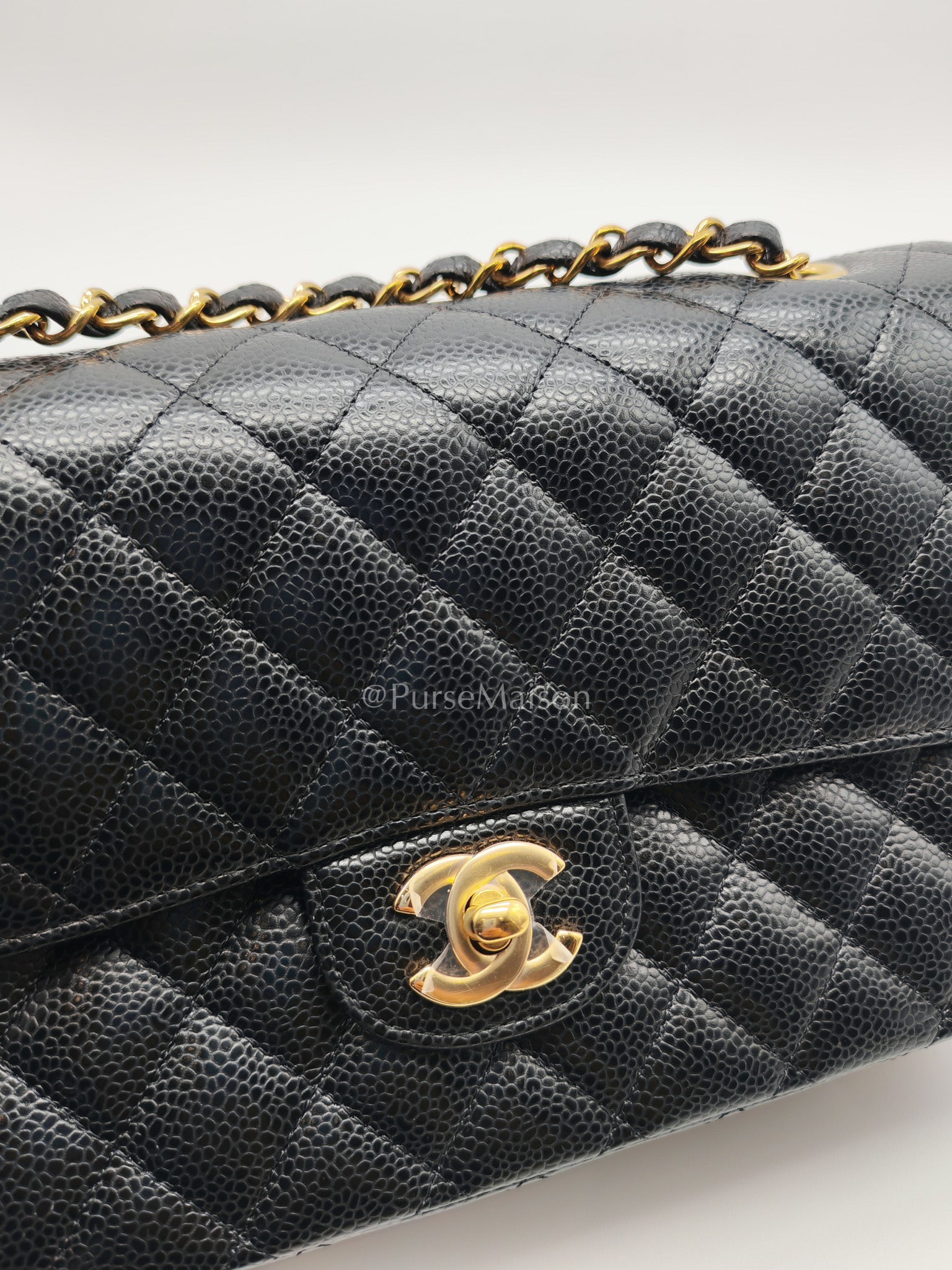 Chanel Classic Double Flap Medium in Black Caviar Leather and Gold Hardware (Microchip)