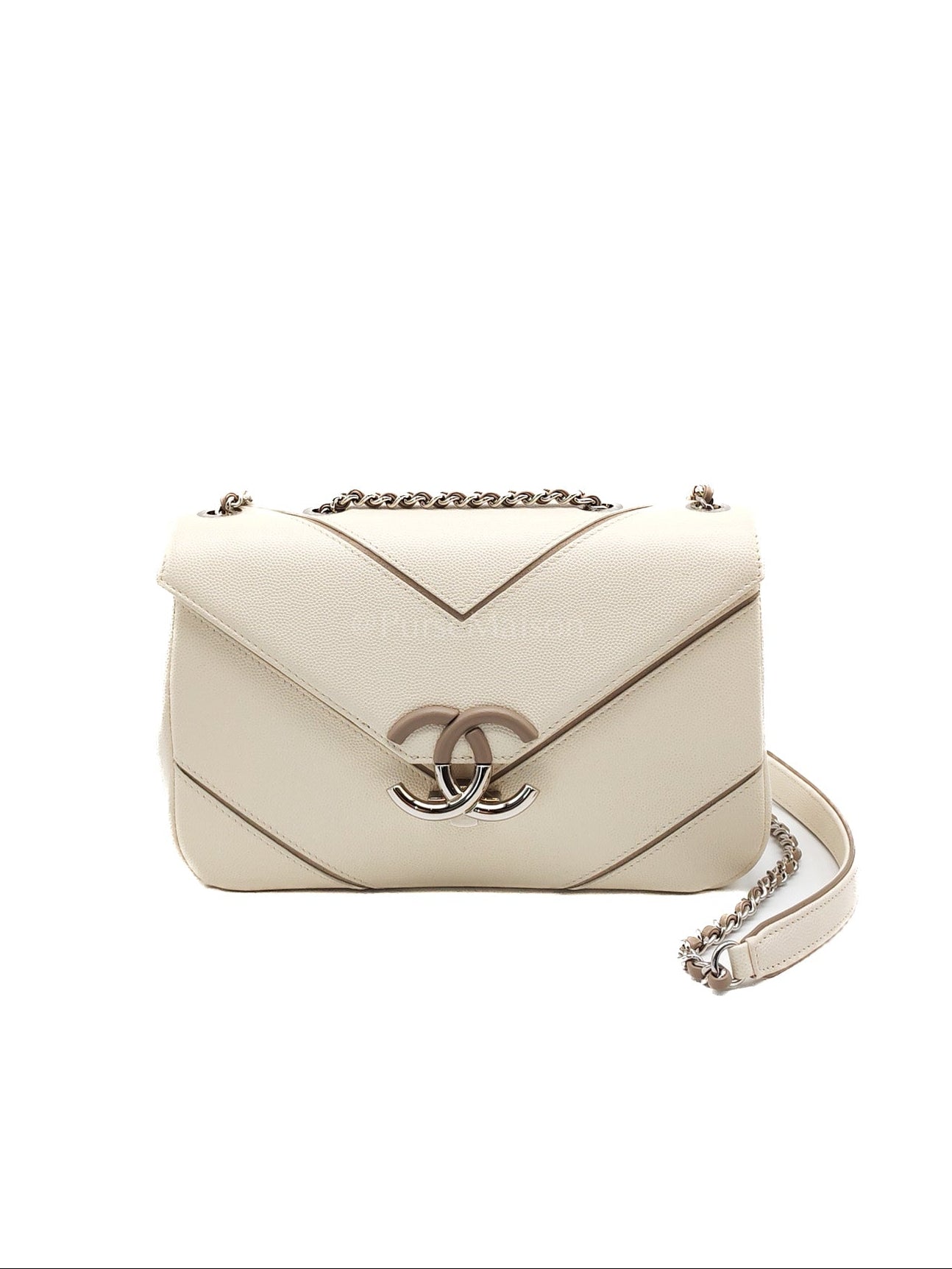 Chanel Chevron Flap Bag in White Caviar Leather & Palladium Hardware Series 23