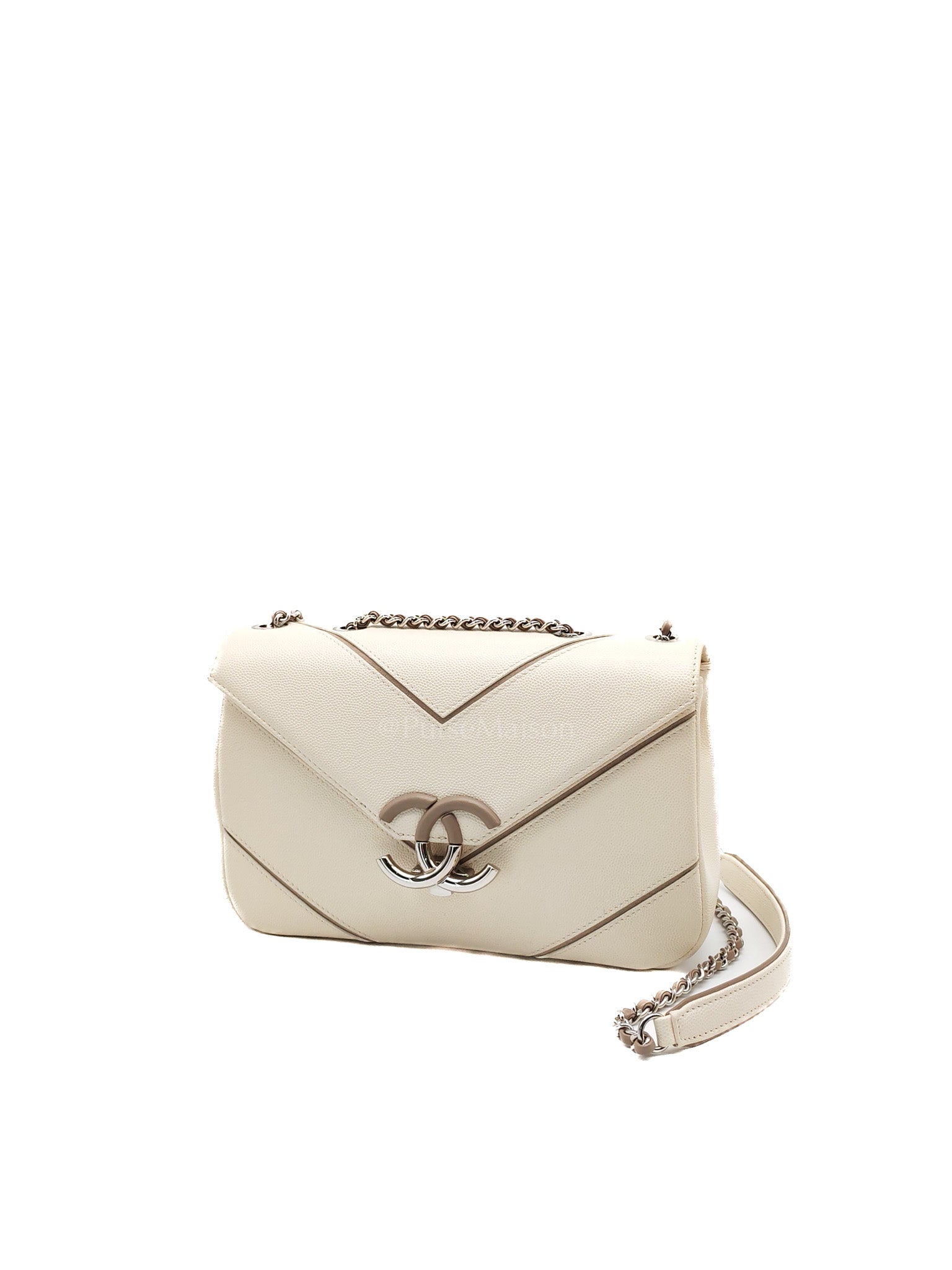 Chanel Chevron Flap Bag in White Caviar Leather & Palladium Hardware Series 23