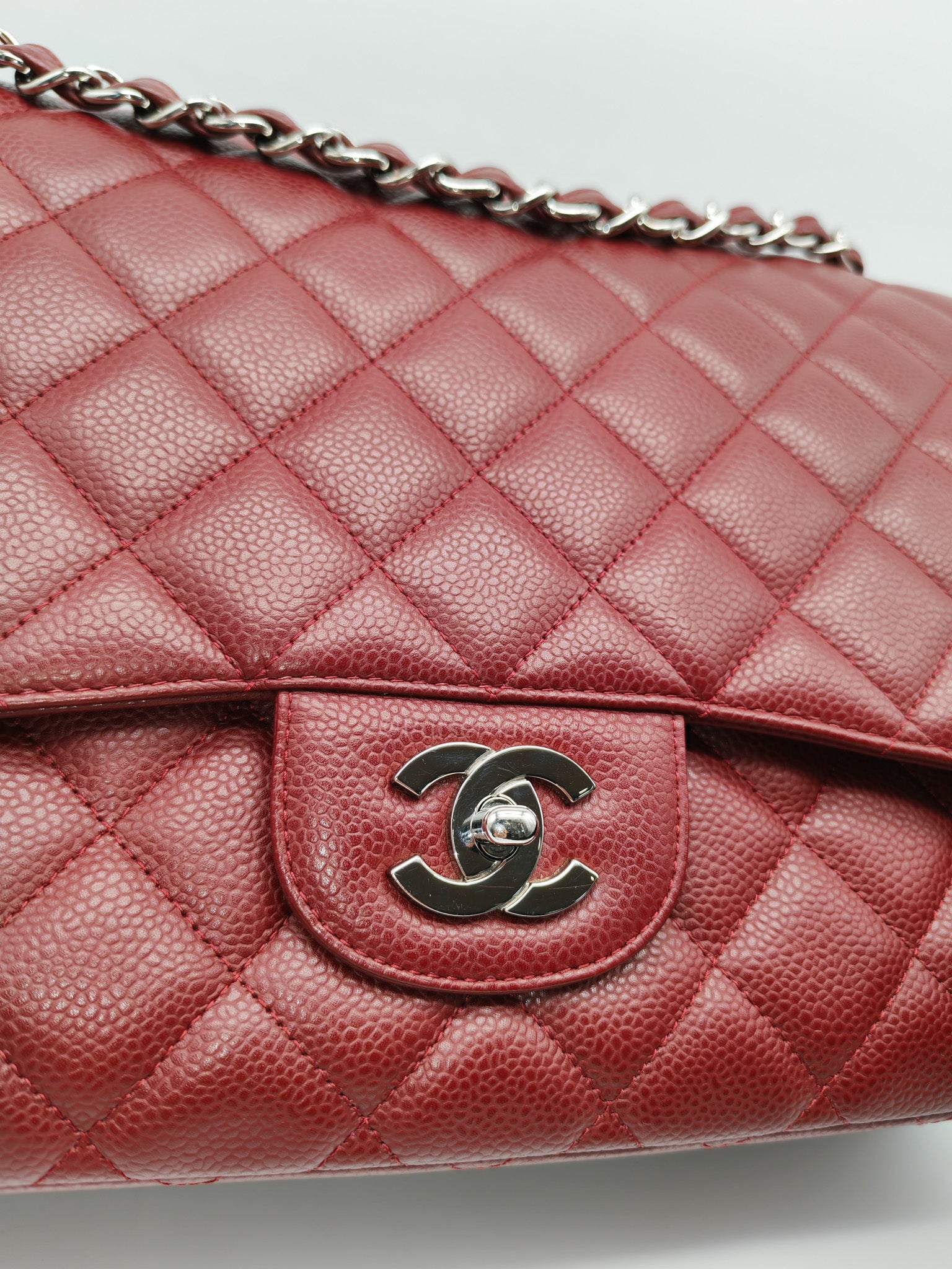 Chanel Classic Double Flap Maxi in Deep Burgundy Quilted Caviar Leather & Palladium Hardware Series 13