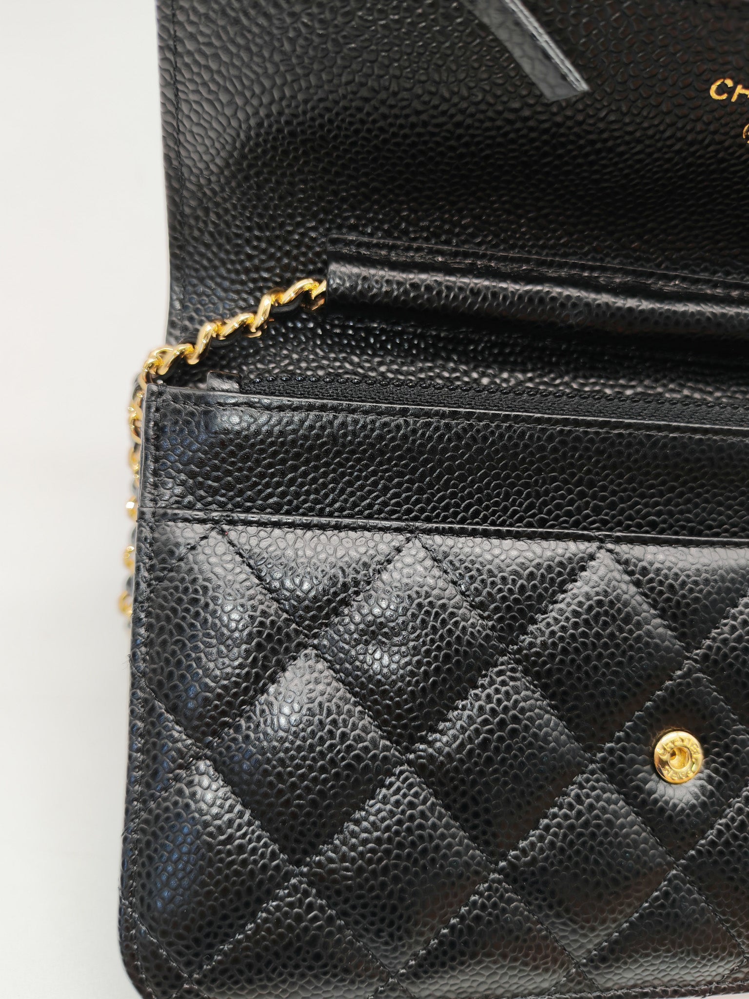 Wallet On Chain (WOC) in Black Quilted Caviar Leather & Gold Hardware Series 26