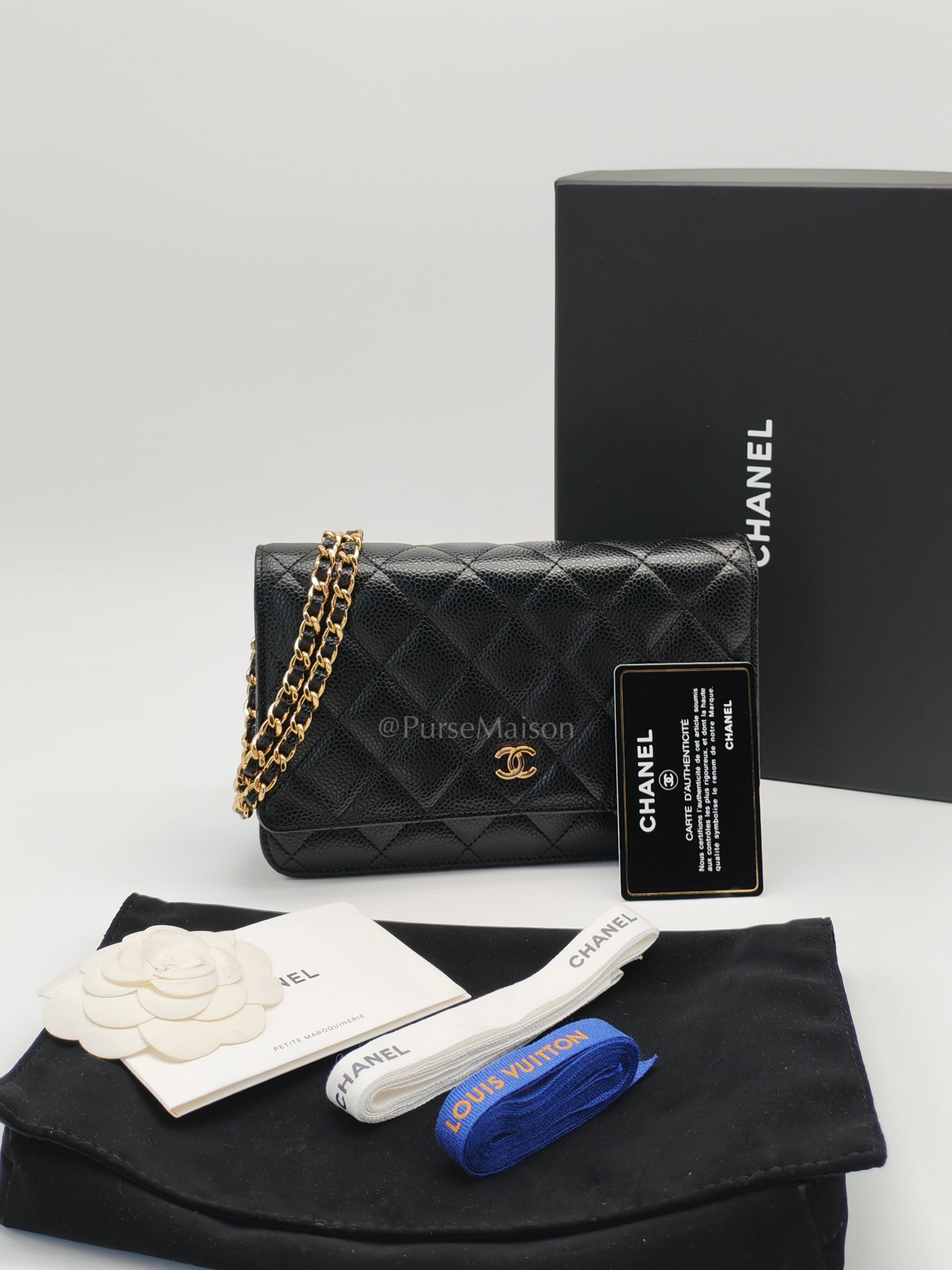 Wallet On Chain (WOC) in Black Quilted Caviar Leather & Gold Hardware Series 26