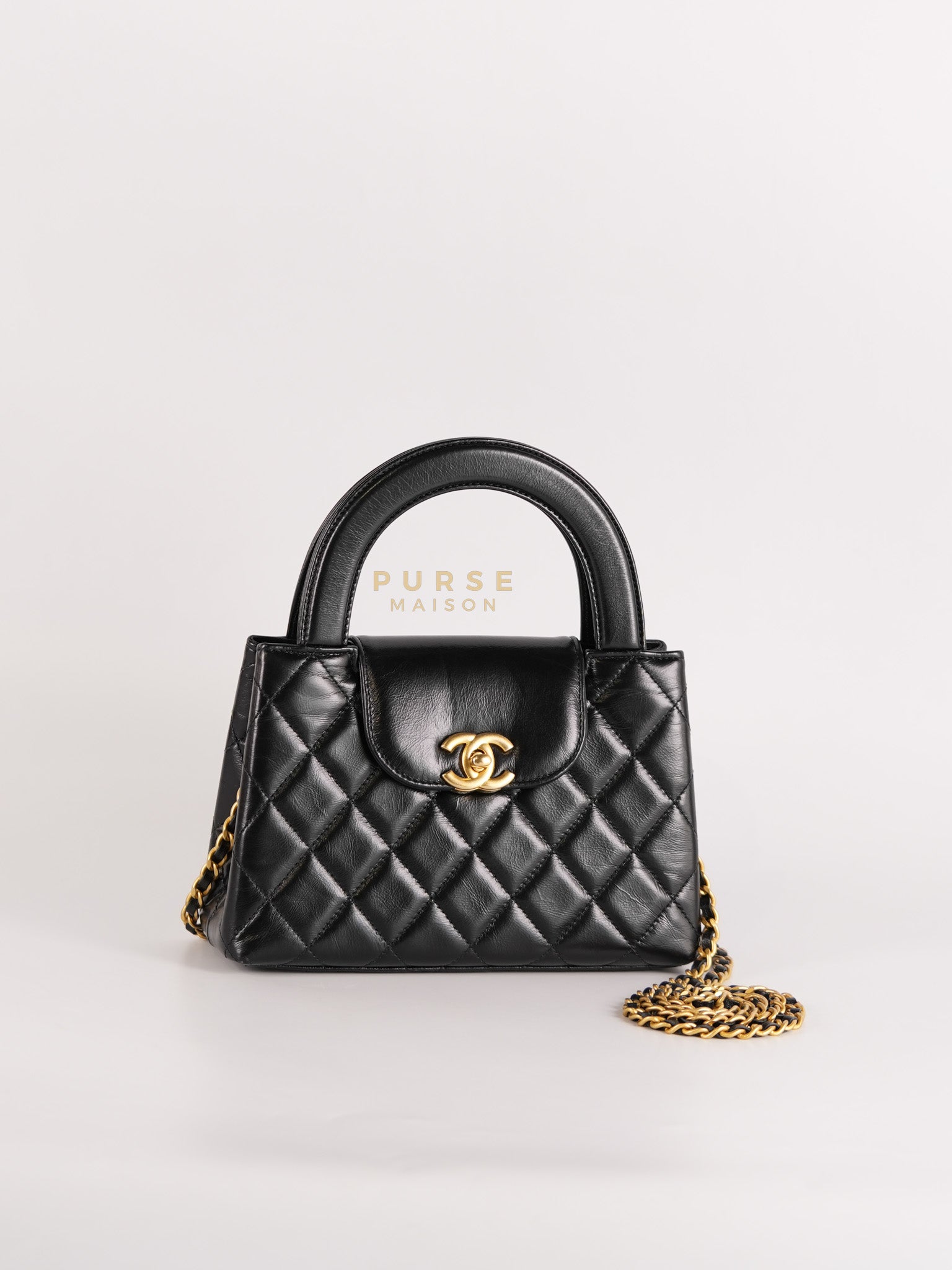 Mini Kelly Top Handle Bag in Black Quilted Calfskin Leather & Gold Hardware Microchip
