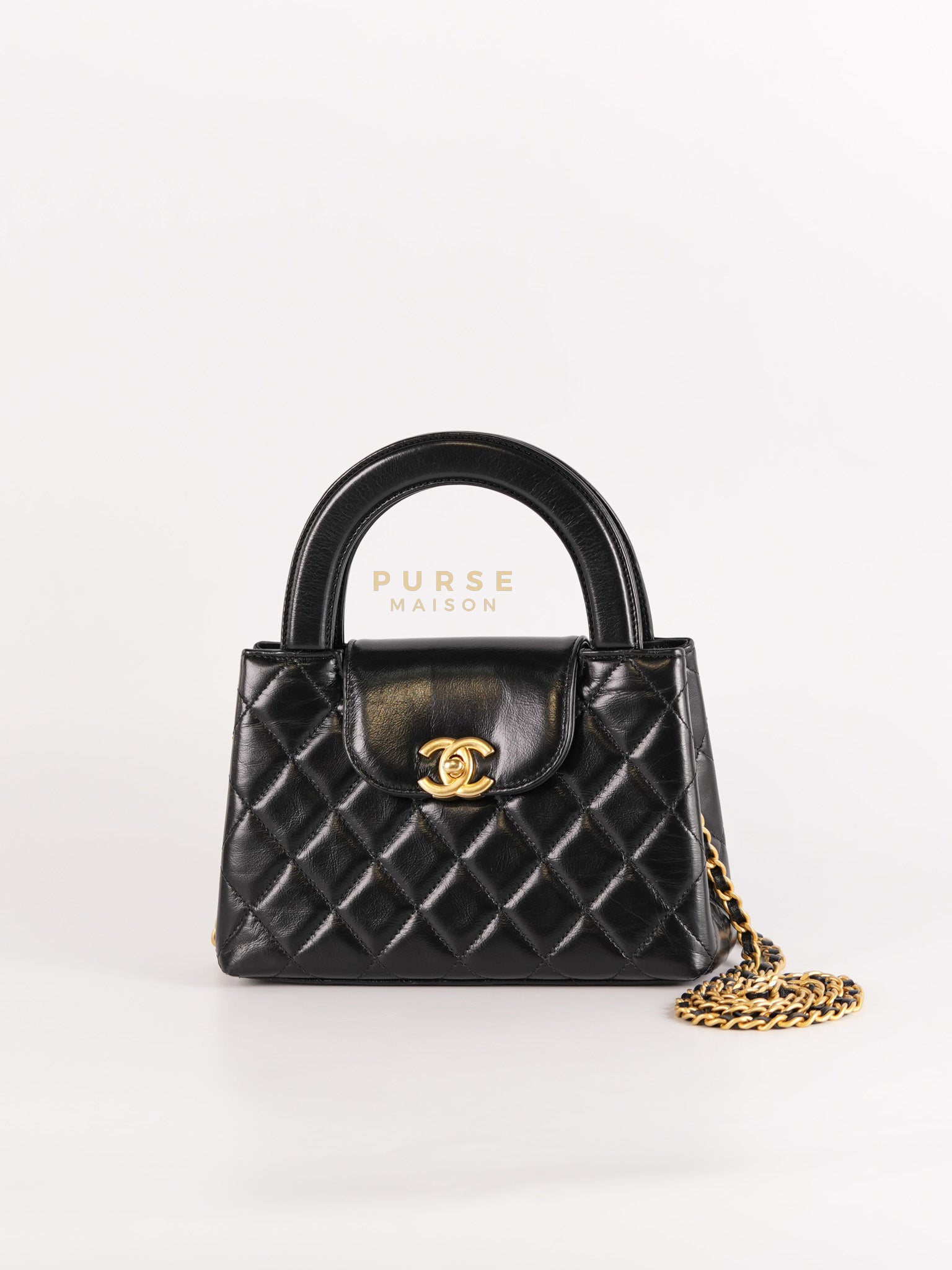 Mini Kelly Top Handle Bag in Black Quilted Calfskin Leather & Gold Hardware Microchip | Purse Maison Luxury Bags Shop
