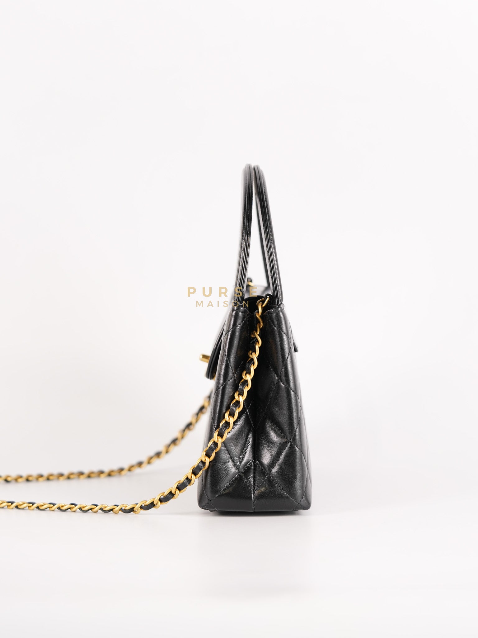 Mini Kelly Top Handle Bag in Black Quilted Calfskin Leather & Gold Hardware Microchip | Purse Maison Luxury Bags Shop