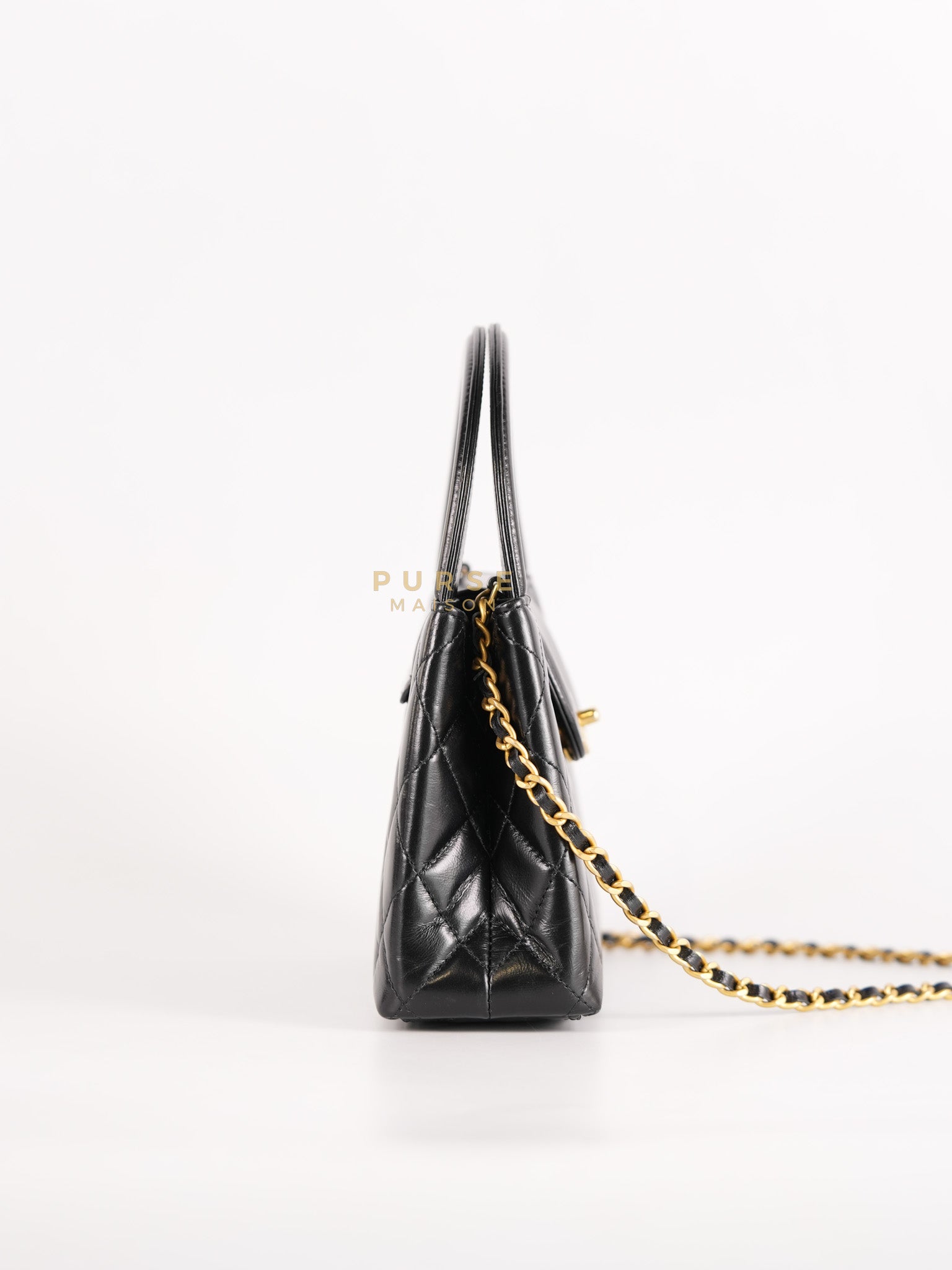 Mini Kelly Top Handle Bag in Black Quilted Calfskin Leather & Gold Hardware Microchip | Purse Maison Luxury Bags Shop
