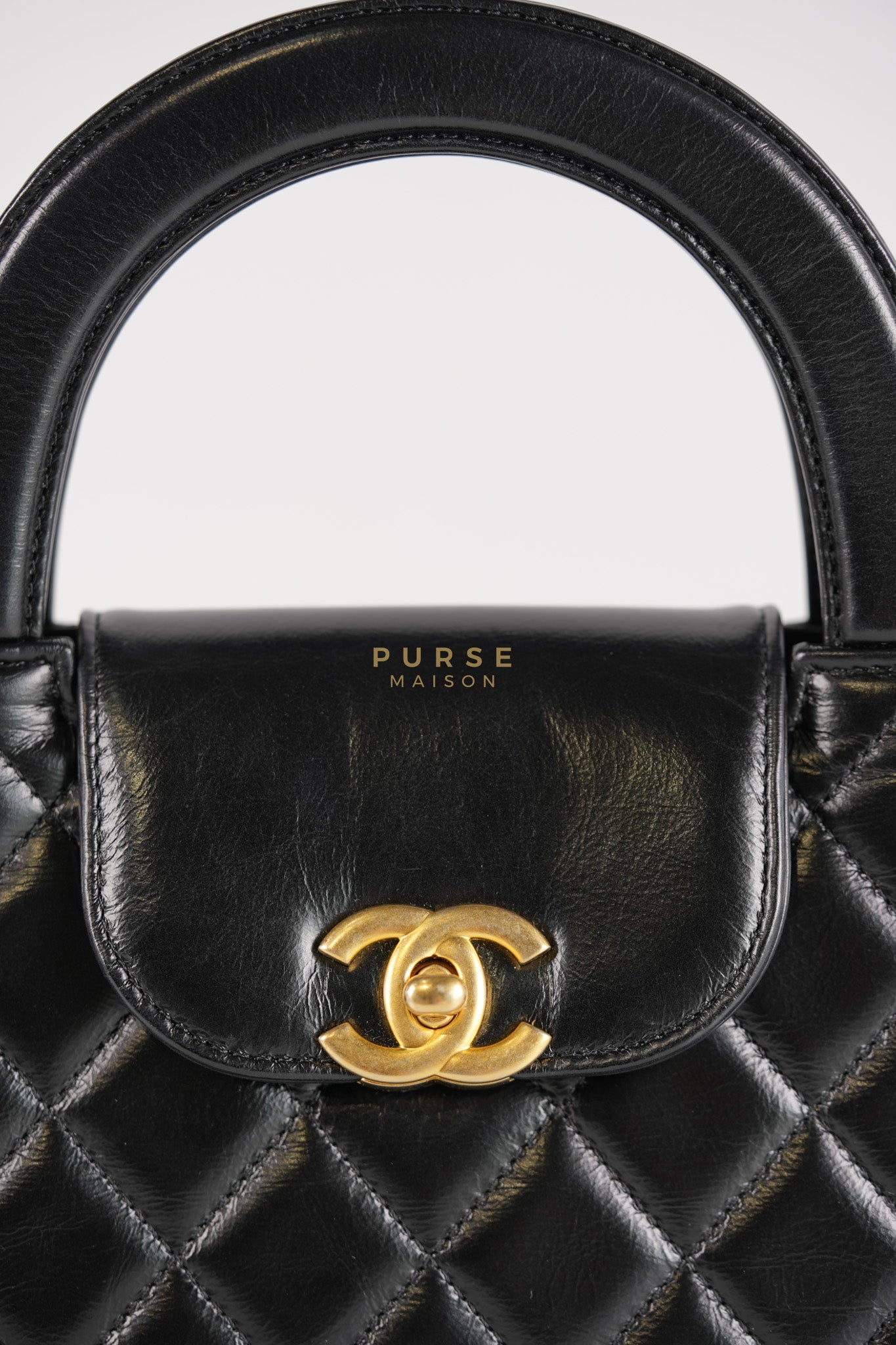 Mini Kelly Top Handle Bag in Black Quilted Calfskin Leather & Gold Hardware Microchip | Purse Maison Luxury Bags Shop