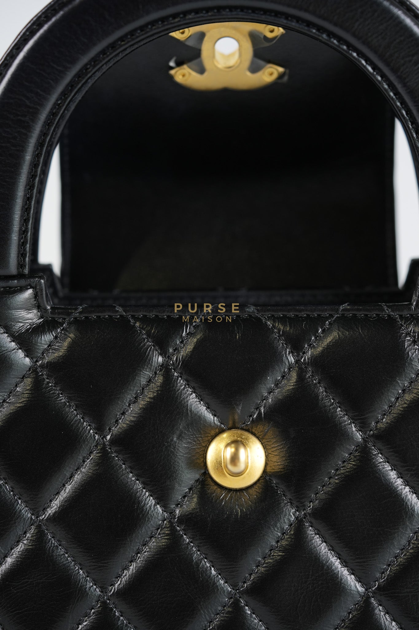 Mini Kelly Top Handle Bag in Black Quilted Calfskin Leather & Gold Hardware Microchip | Purse Maison Luxury Bags Shop